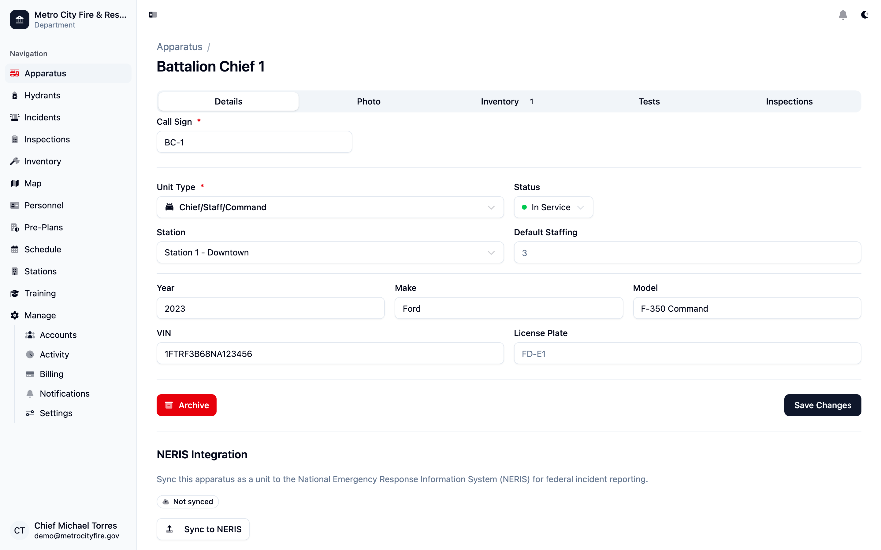 Command Established apparatus detail page showing specs, NERIS type mapping, and unit information