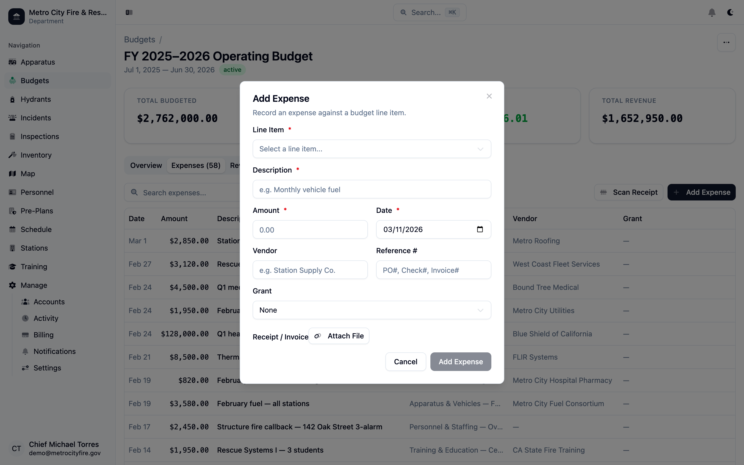 Command Established add expense dialog with line item, amount, vendor, grant, and receipt fields