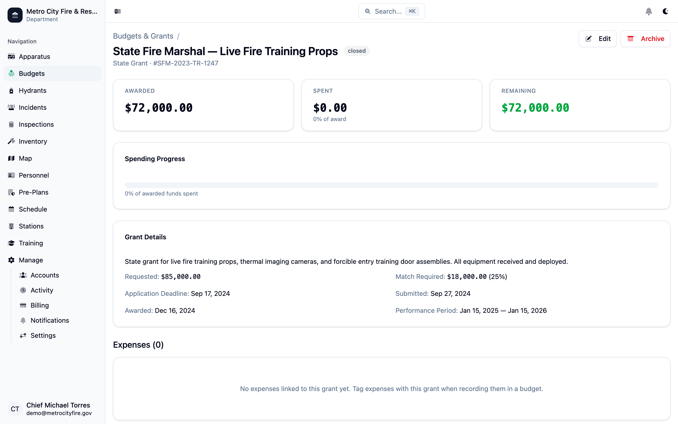 Command Established grant detail showing awarded amount, spending progress, grant info, and linked expenses