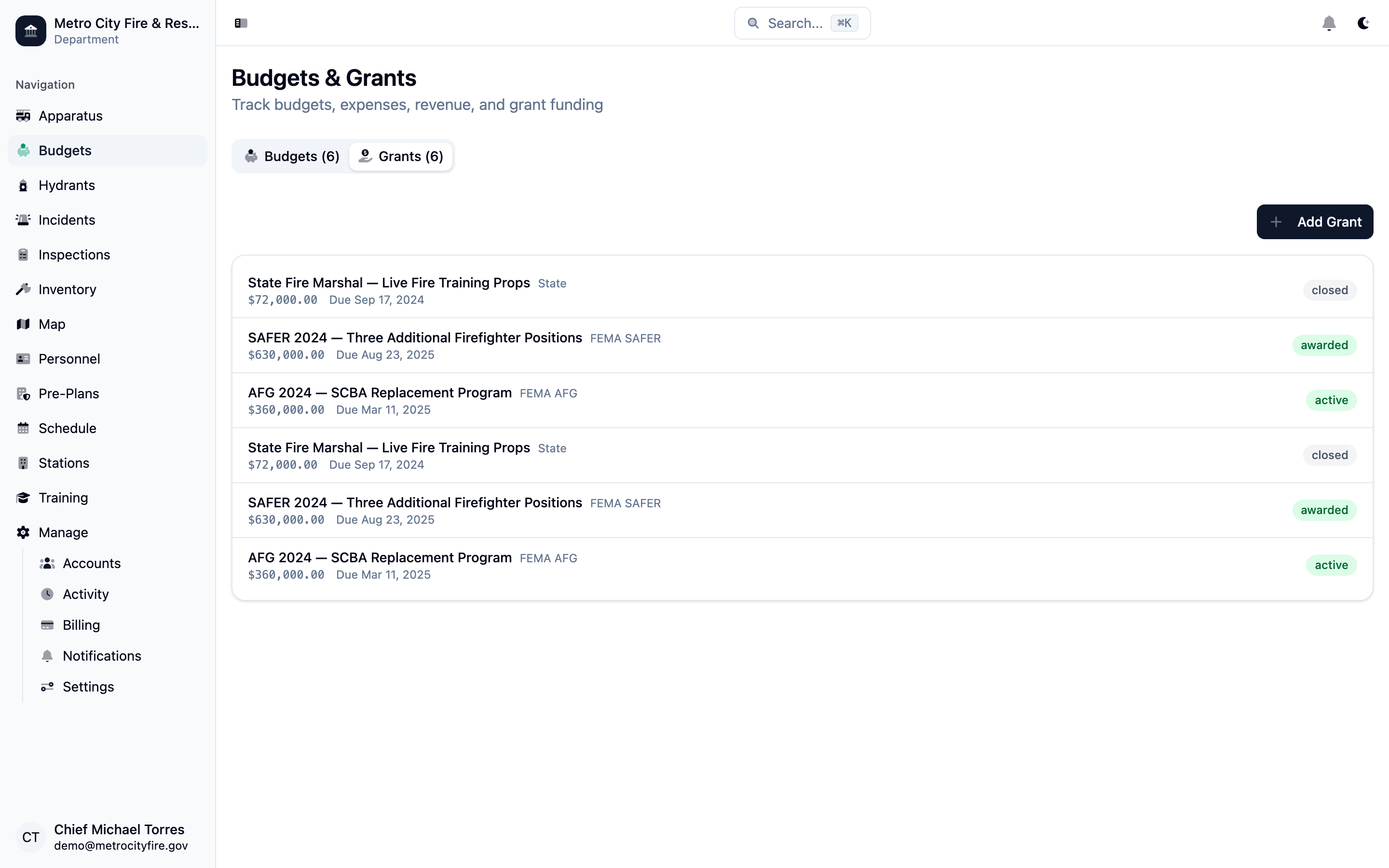 Command Established grants list showing FEMA AFG, SAFER, and state grants with award amounts and statuses