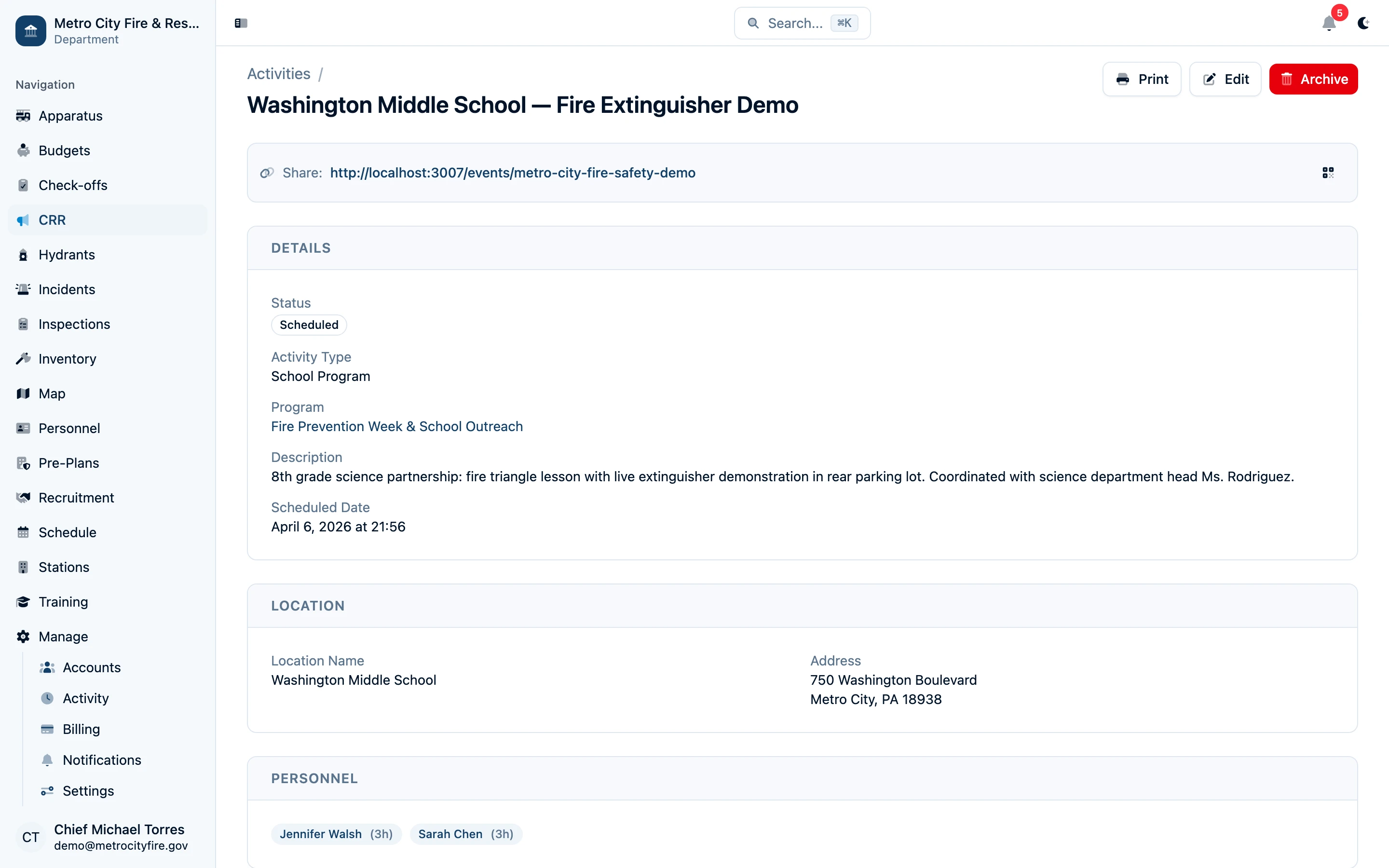 Command Established CRR activity detail showing share link, event details, location, and assigned personnel