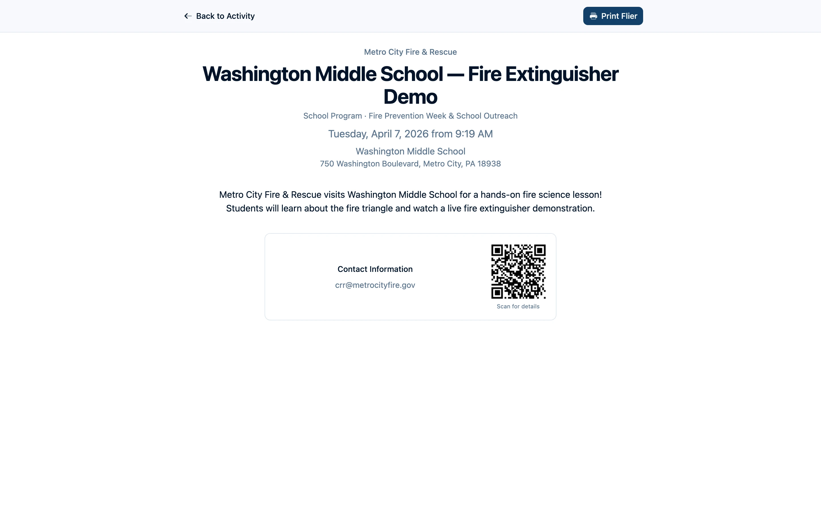 Command Established print-ready flier with department branding, event details, contact information, and QR code