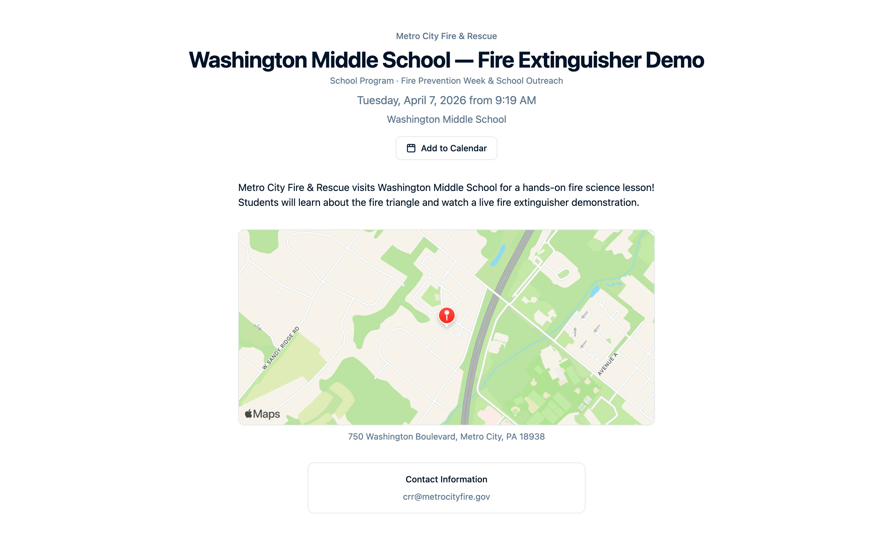 Command Established public event page showing event title, date, location map, description, and contact information