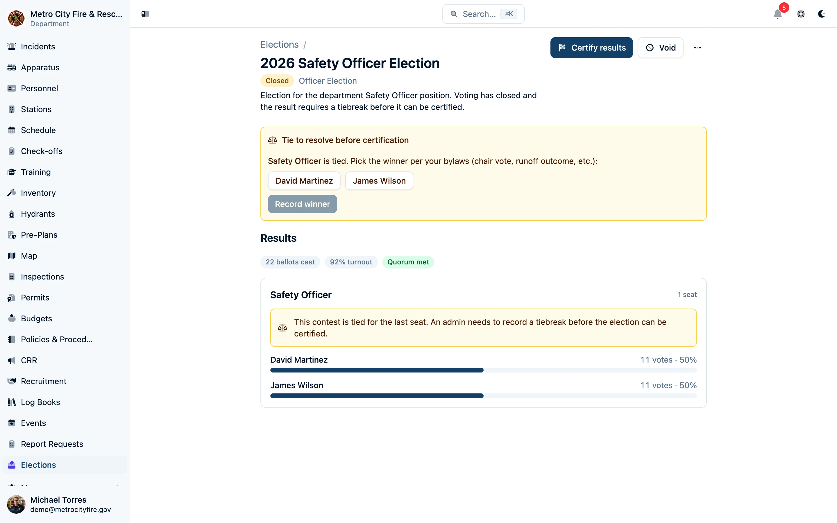 Command Established tie resolver showing a tied contest, selectable candidates, and a field to record the tiebreak decision and reason
