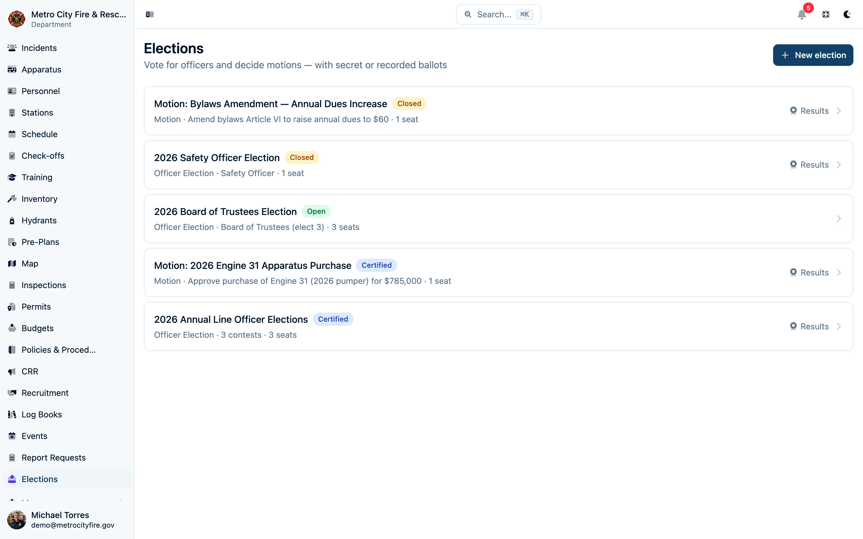 Command Established elections list showing officer elections and motions with draft, open, closed, and certified status badges