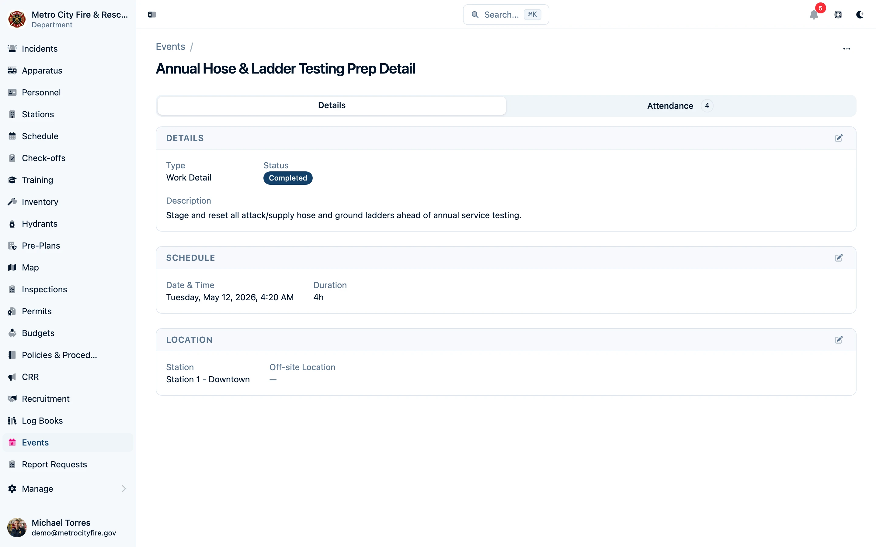 Command Established event detail page showing event type, schedule, location, status, and attendance summary