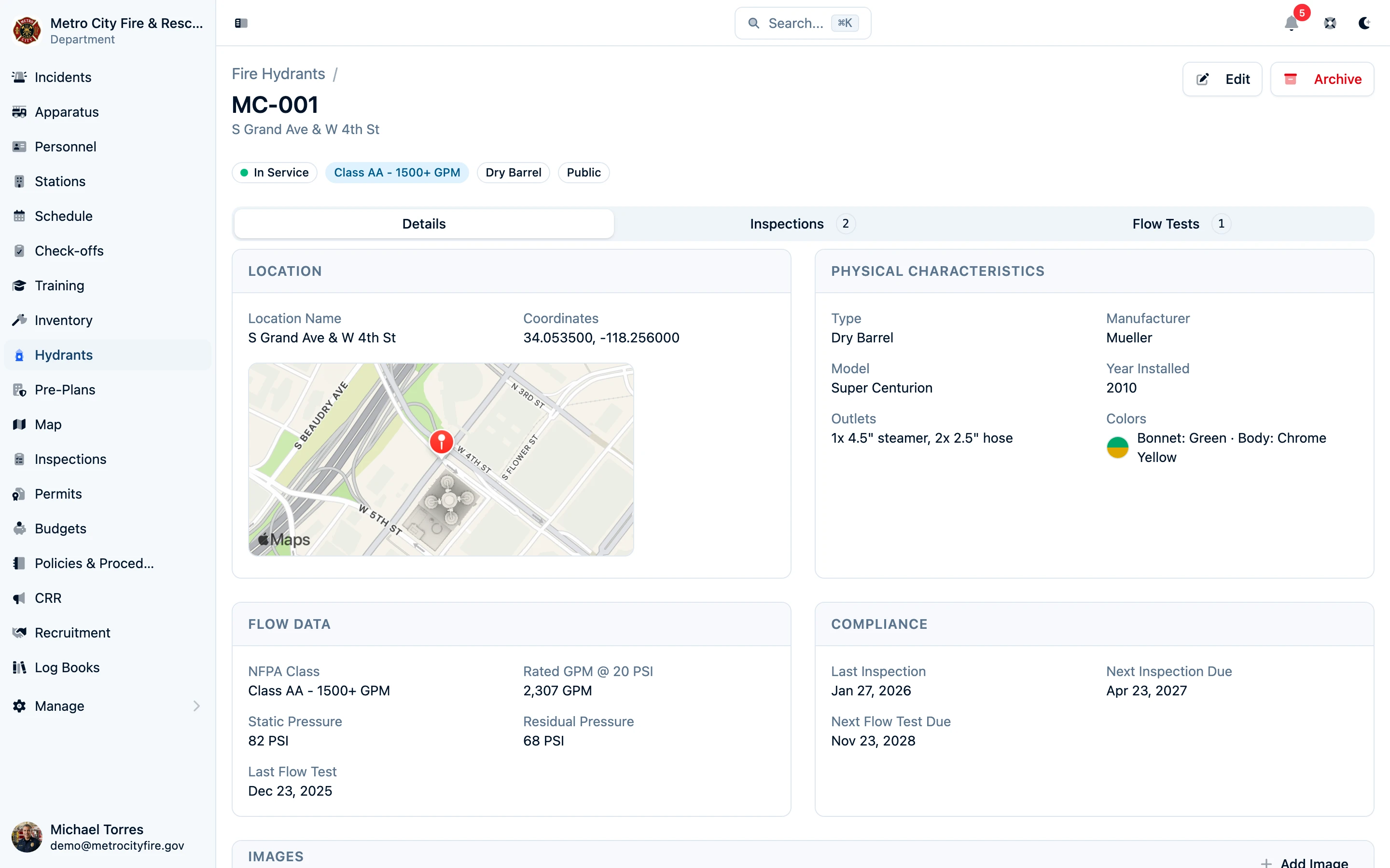 Command Established hydrant detail page showing specifications and status