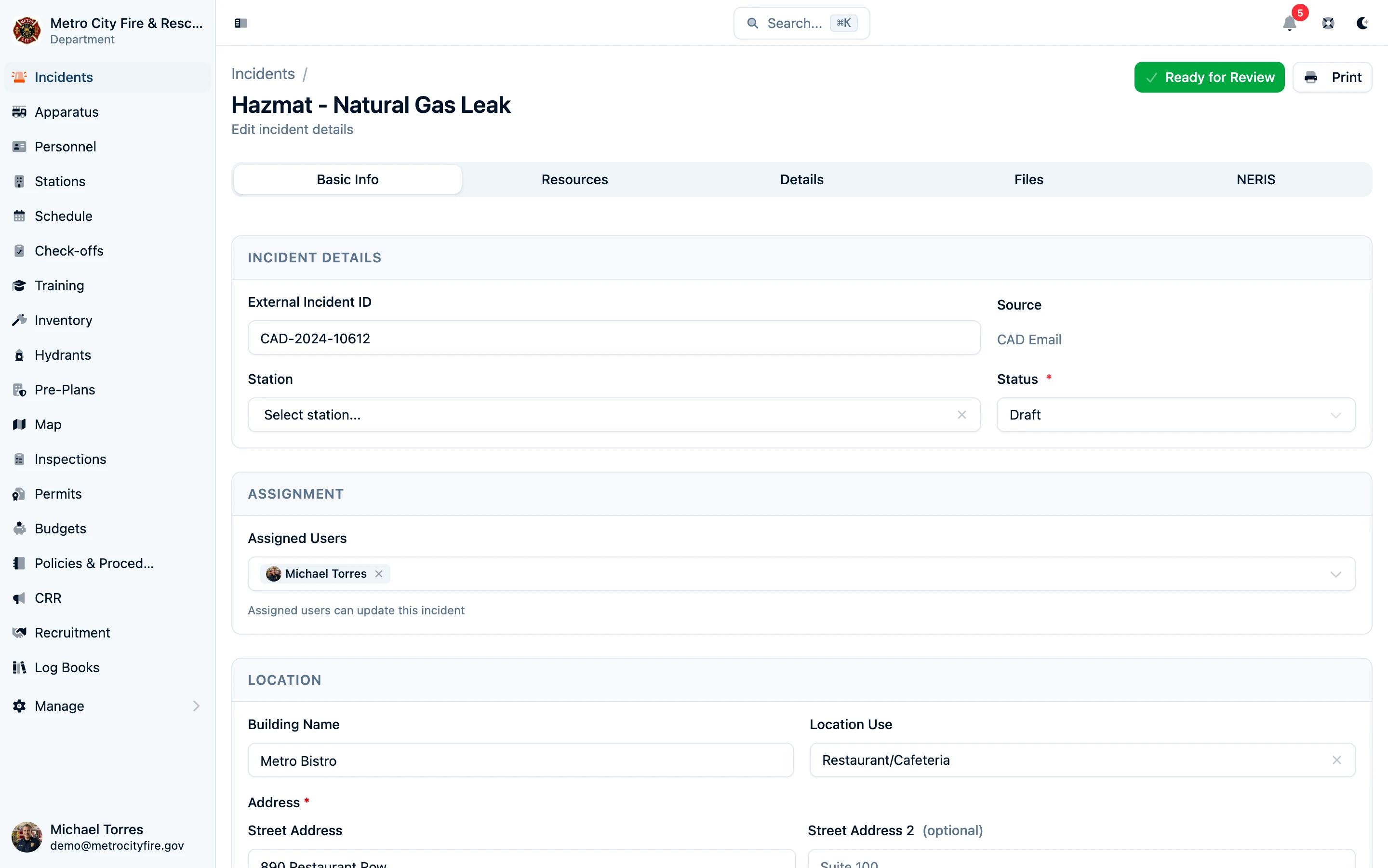 Command Established incident detail page showing incident information and NERIS detail fields
