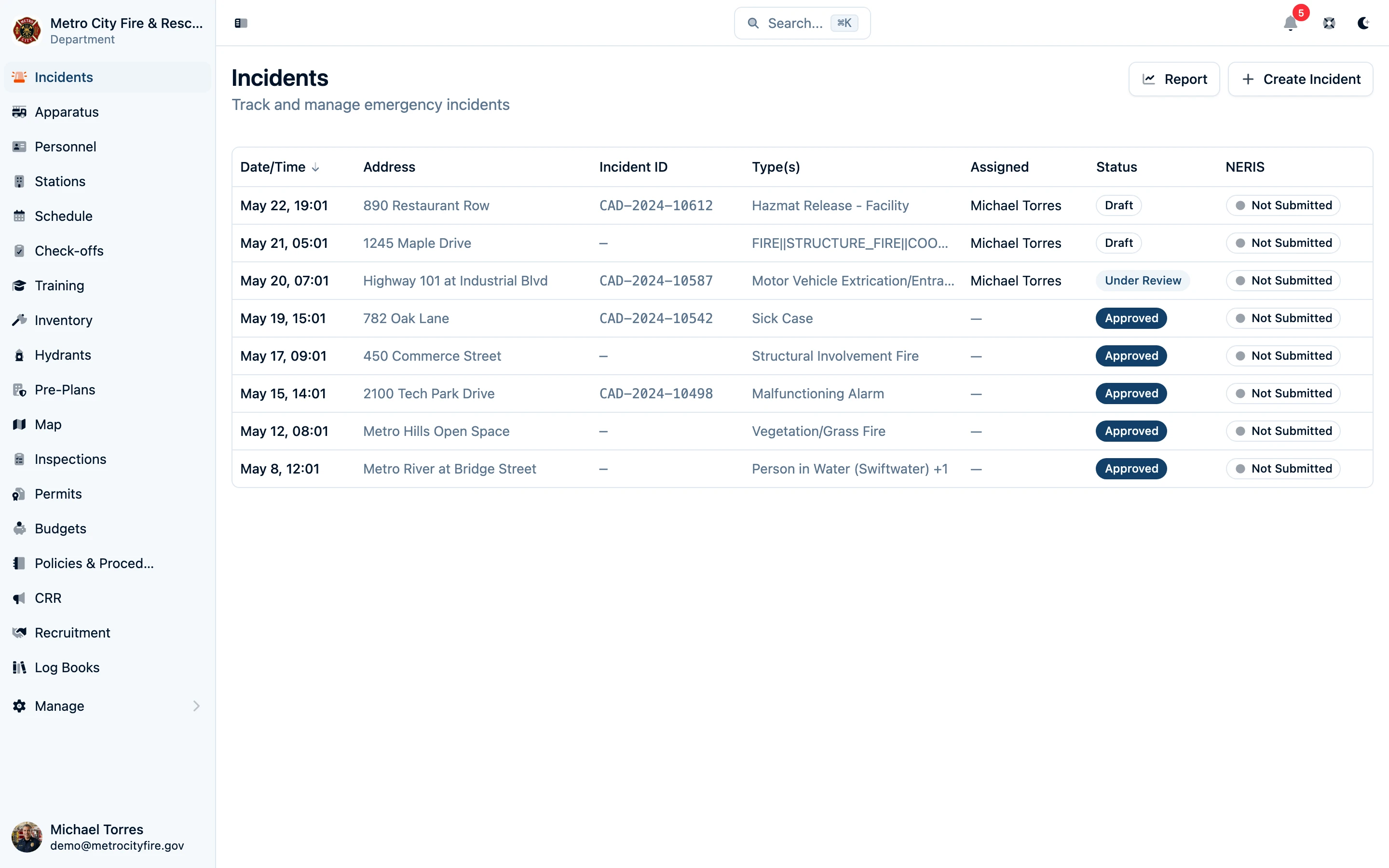 Command Established incident list showing recent calls with type, address, and status
