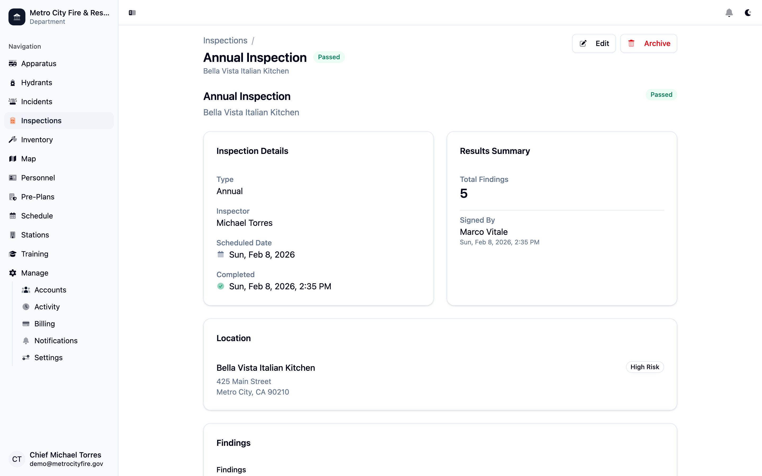 Command Established inspection detail showing findings with severity ratings and code references