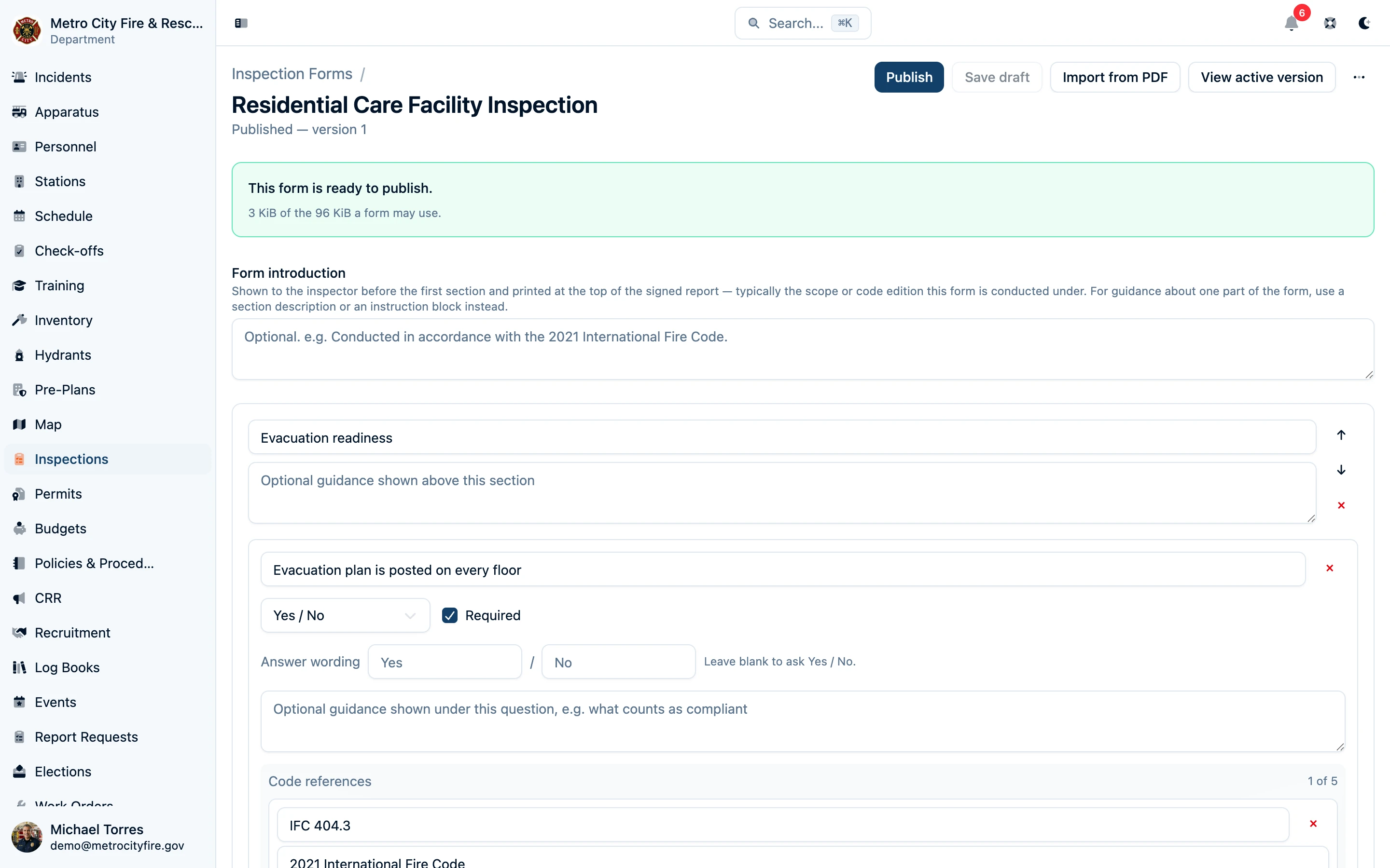 Command Established inspection form builder editing sections, questions, response types, and code references