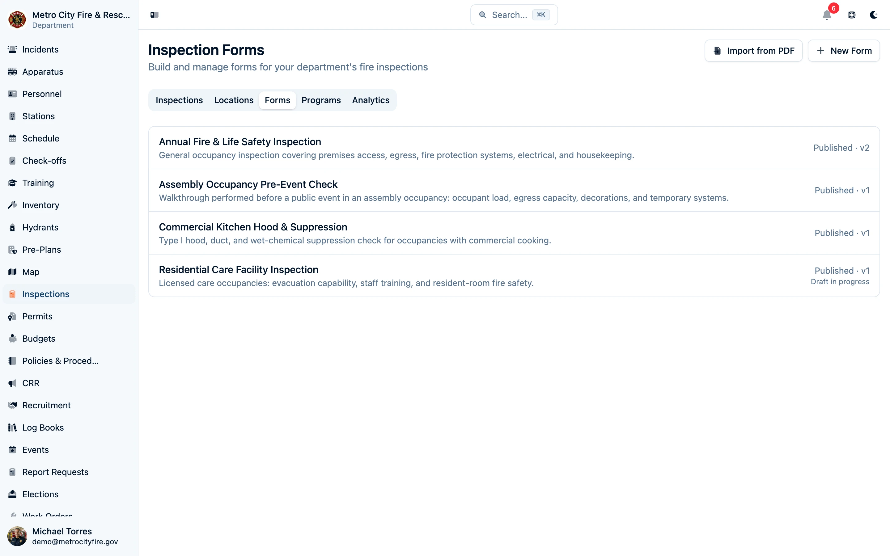 Command Established inspection forms catalog with published versions and a draft in progress