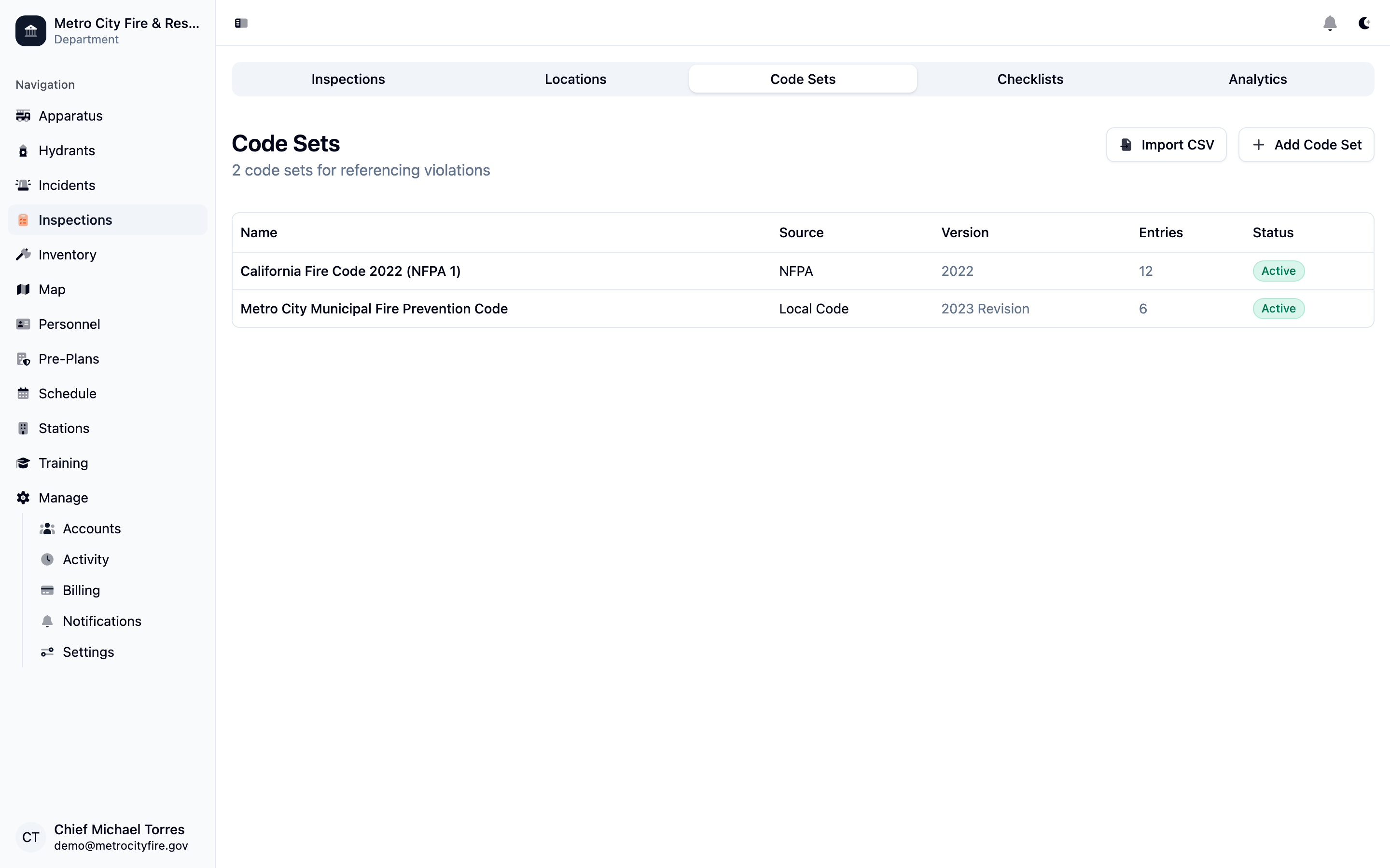 Command Established code sets management showing NFPA and local fire codes