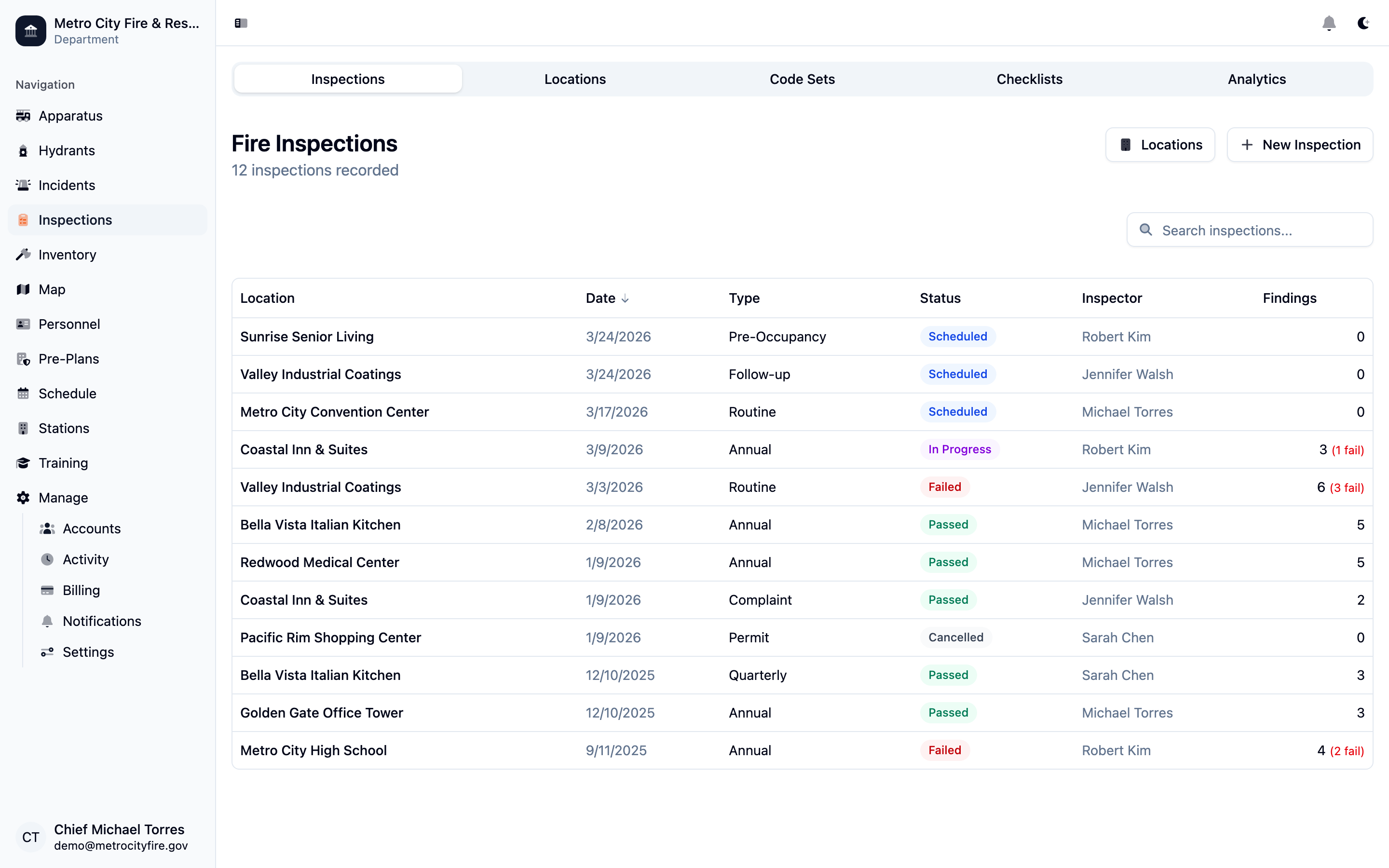 Command Established fire inspections list showing all inspections with status badges