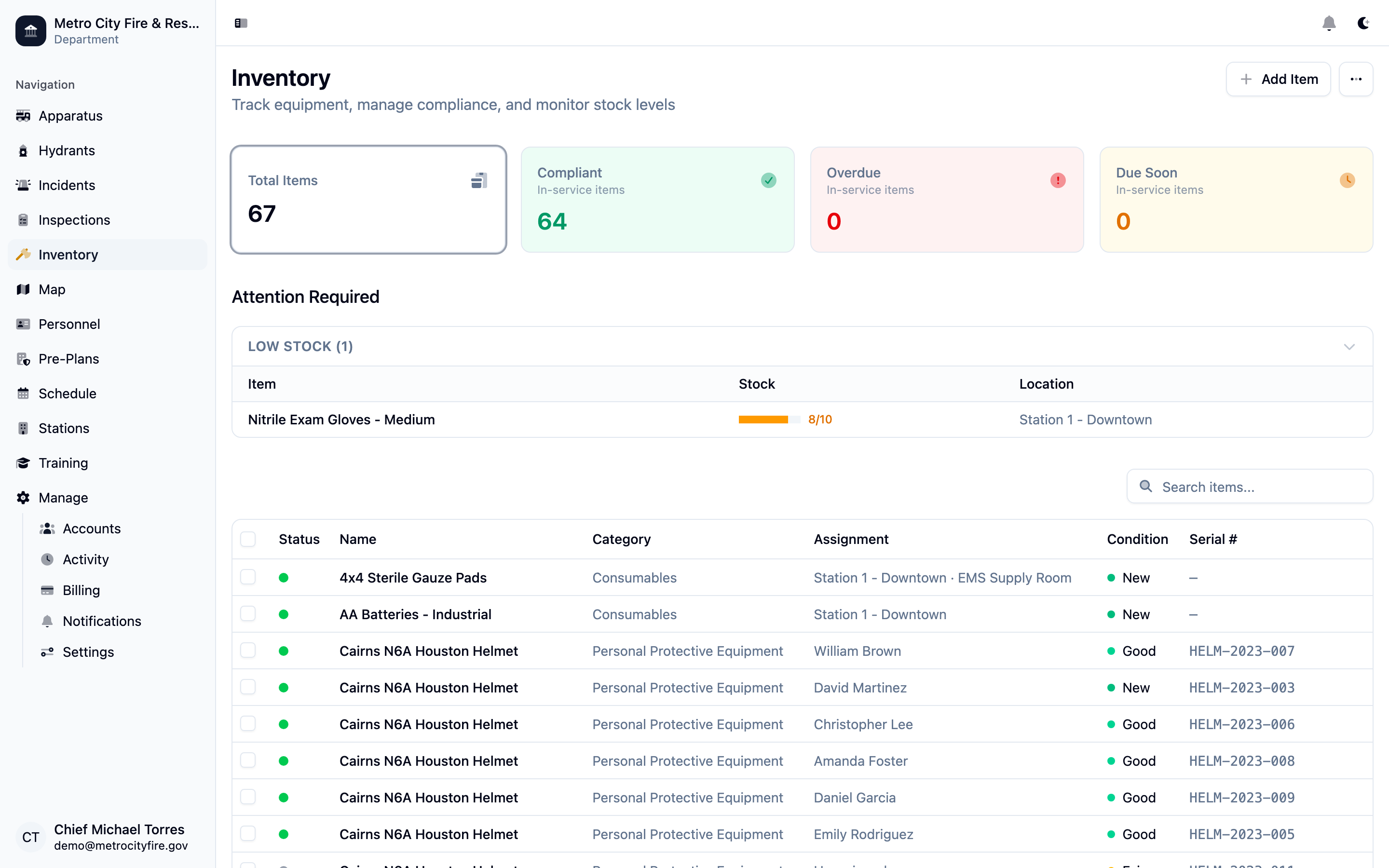 Command Established inventory dashboard showing summary cards and full item list