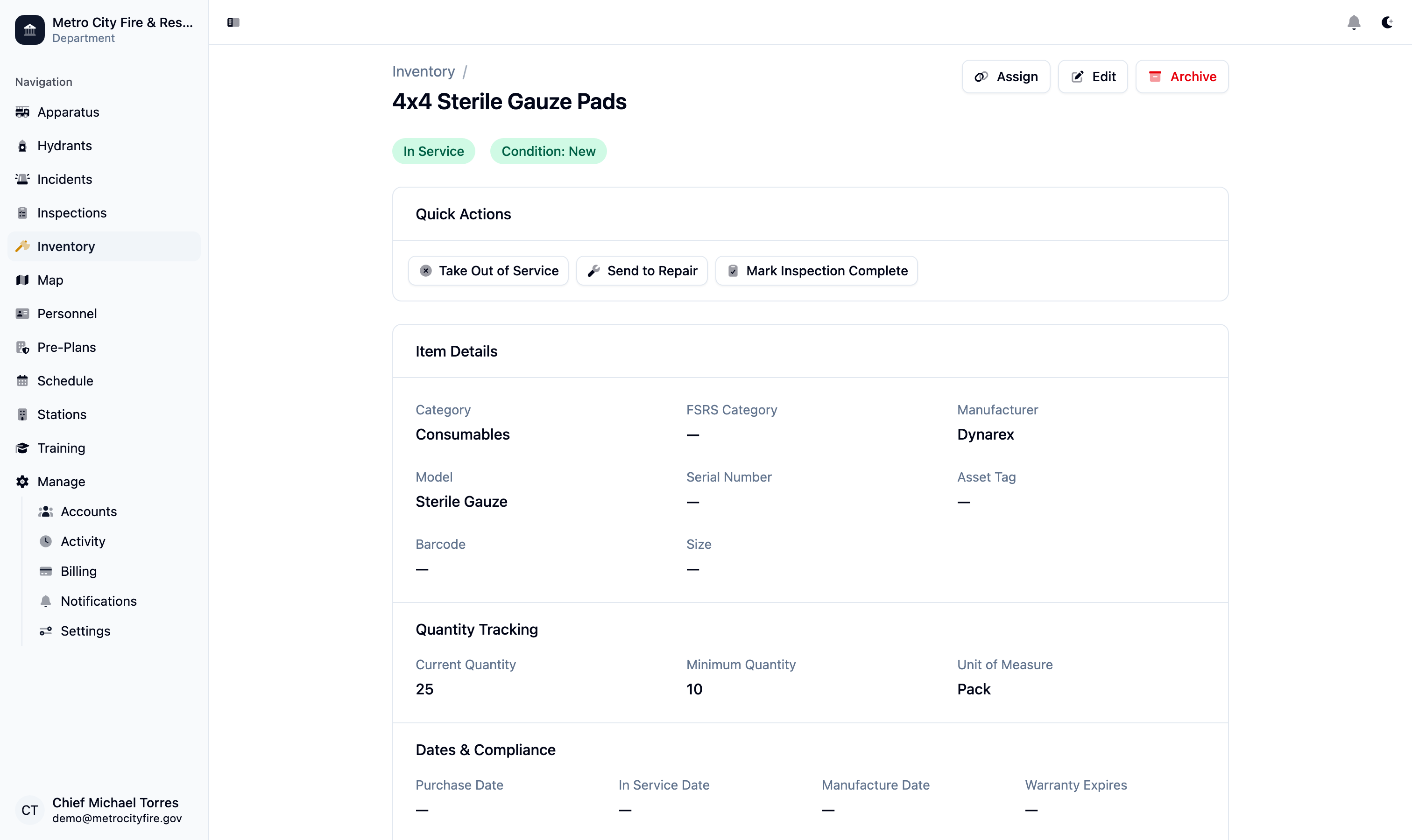 Command Established inventory item detail showing condition, location, assignment, and expiration