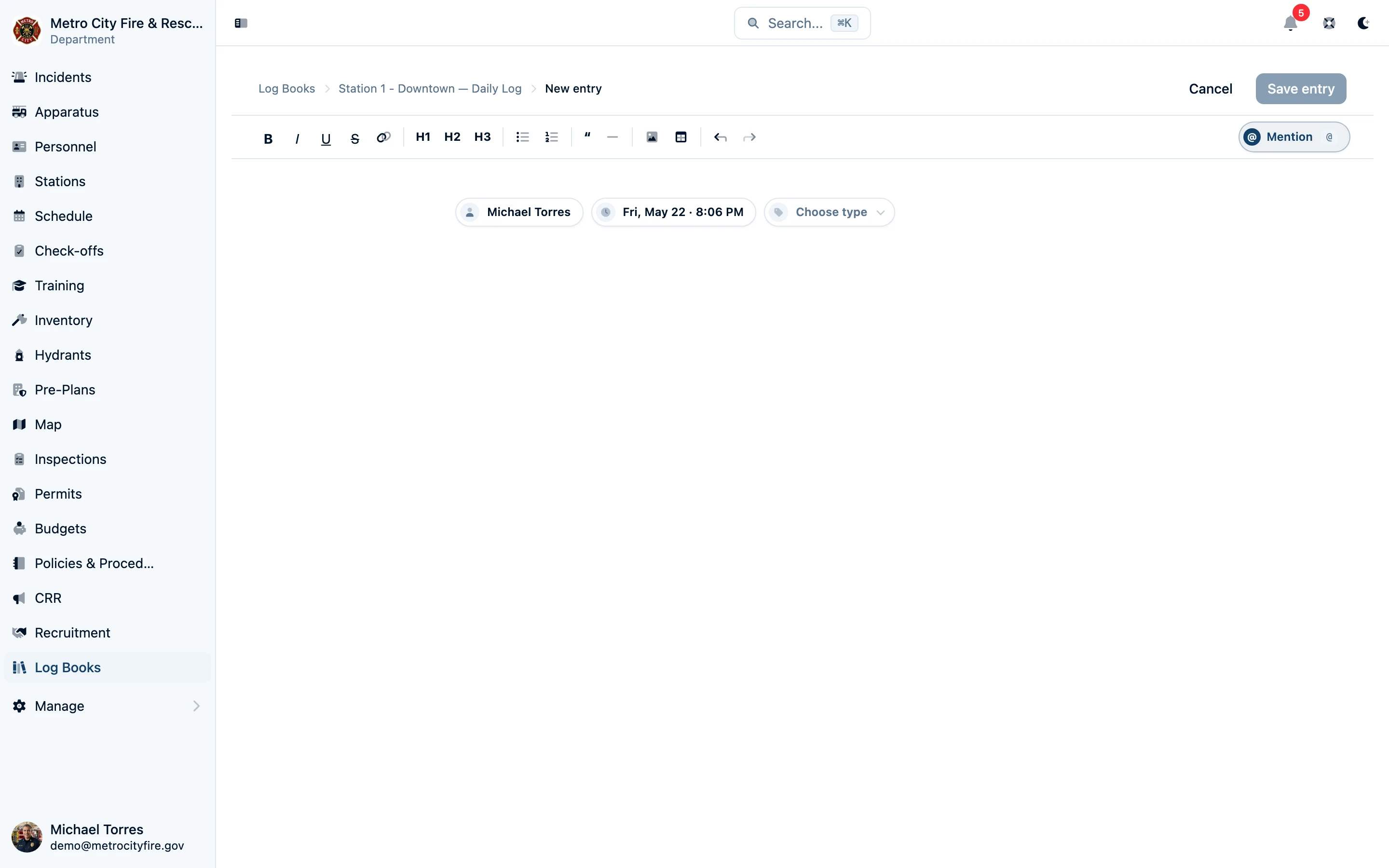Command Established log entry composer with rich text editor and inline image