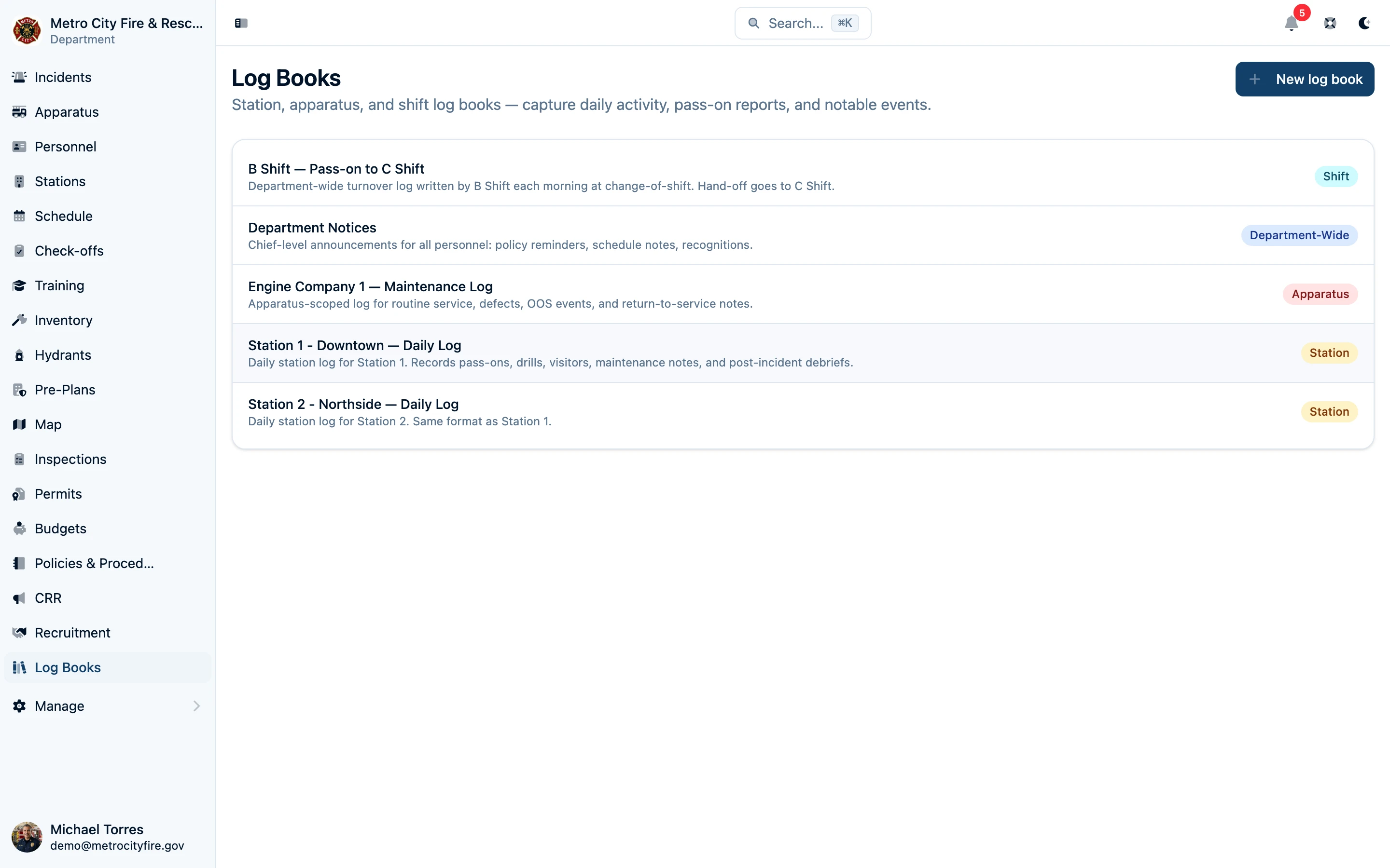 Command Established log books list showing station, apparatus, and shift books with scope badges