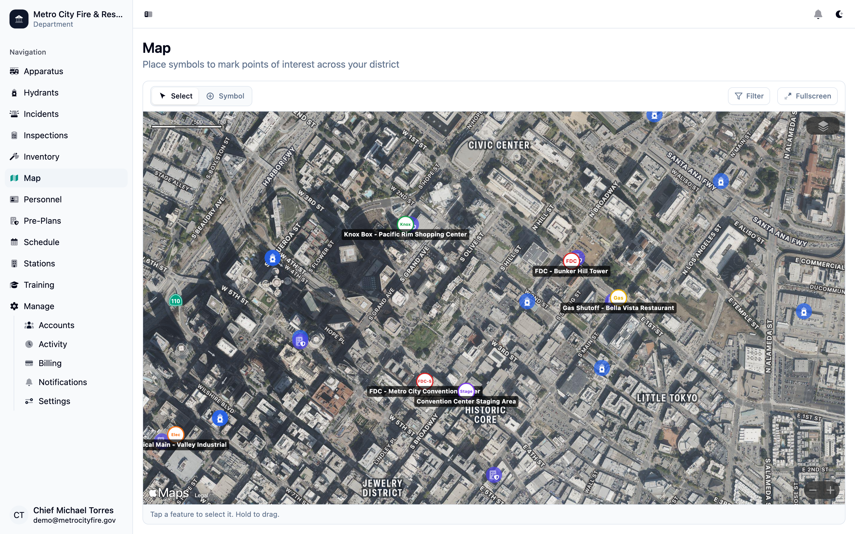 Command Established interactive map showing hydrants, stations, and points of interest across a fire district