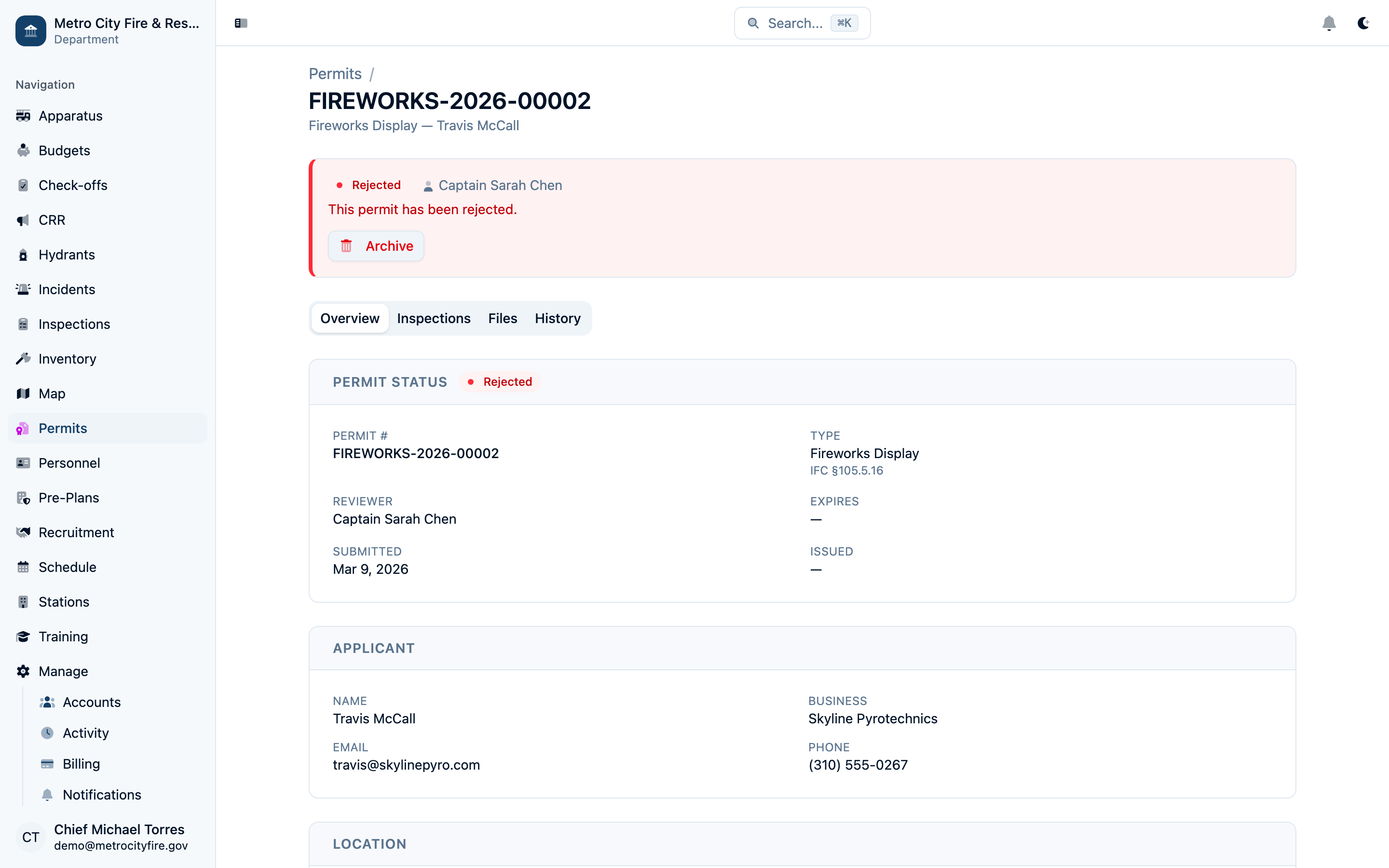 Command Established permit detail showing approval workflow, invoice, and payment status