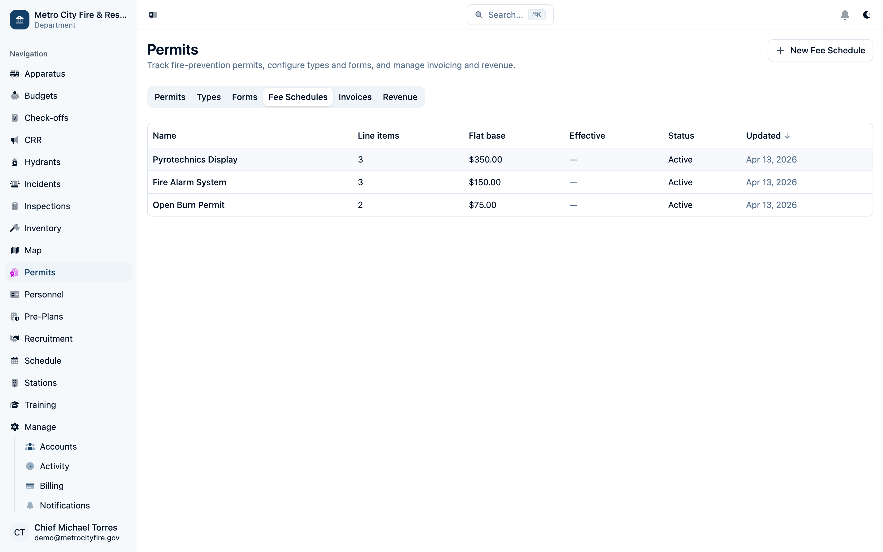 Command Established fee schedules management showing permit types with pricing tiers