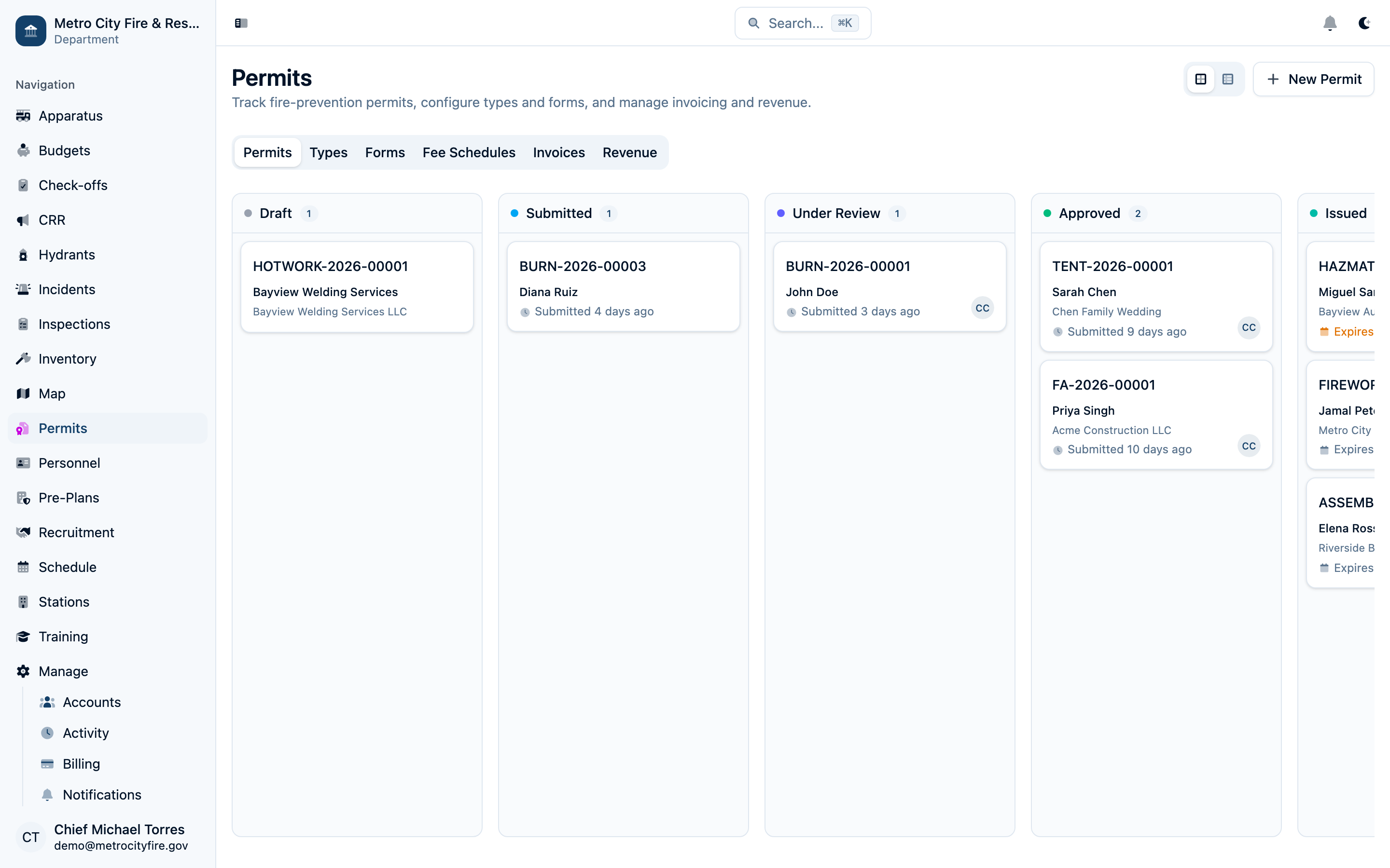Command Established permits list showing all permits with status badges and applicant details