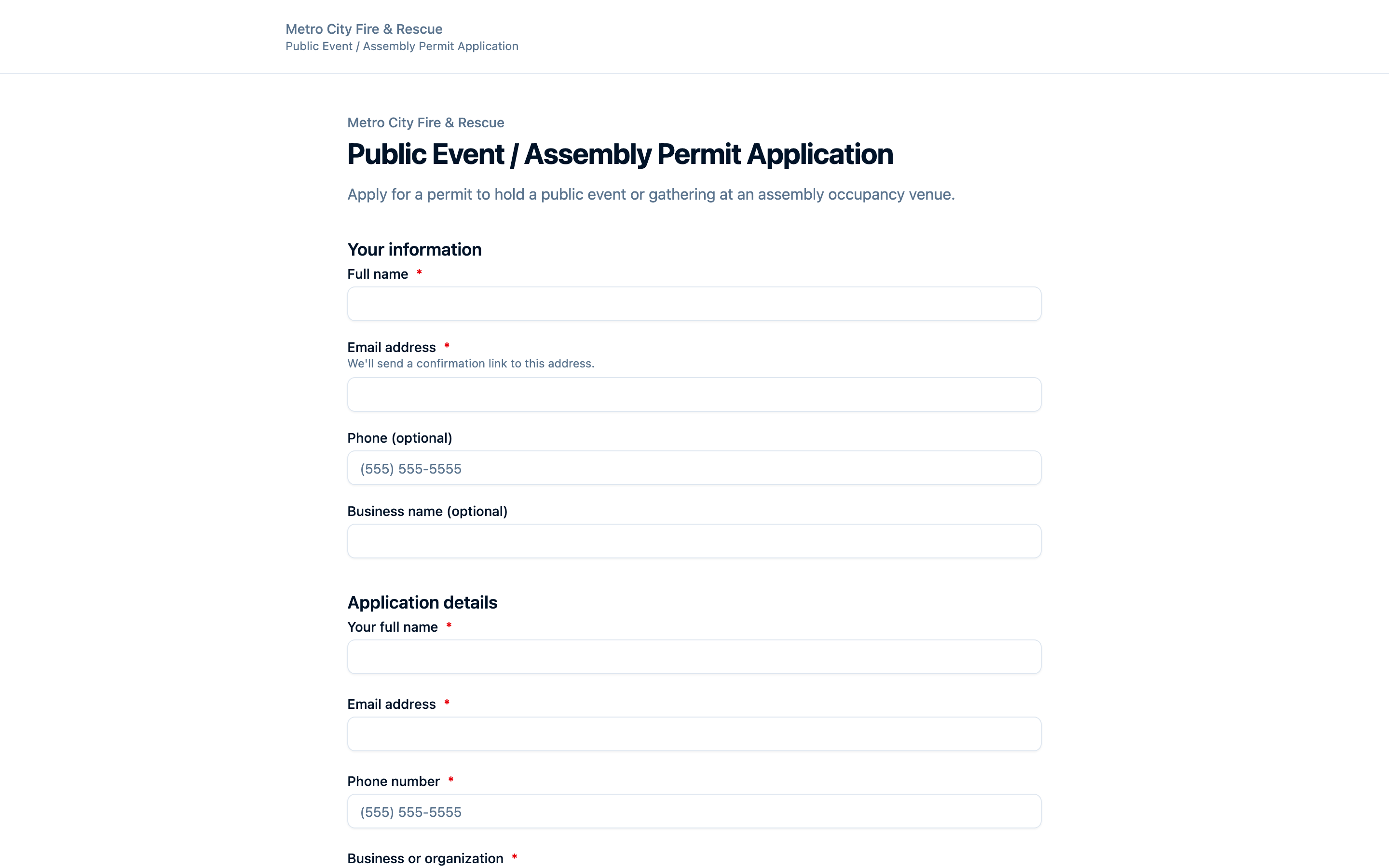 Command Established public permit application form with custom fields