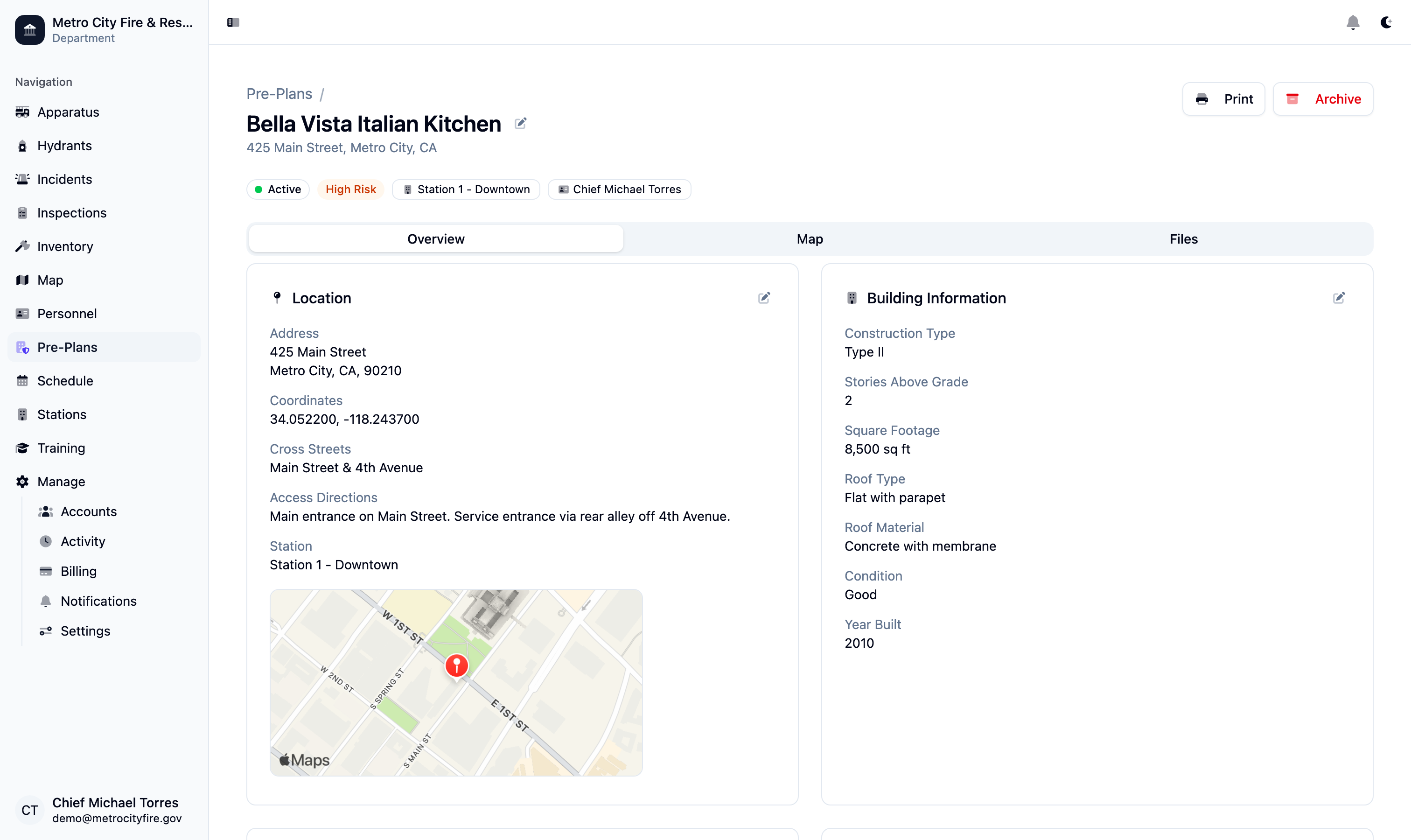 Command Established pre-plan detail view showing building location, construction type, stories, square footage, and roof information