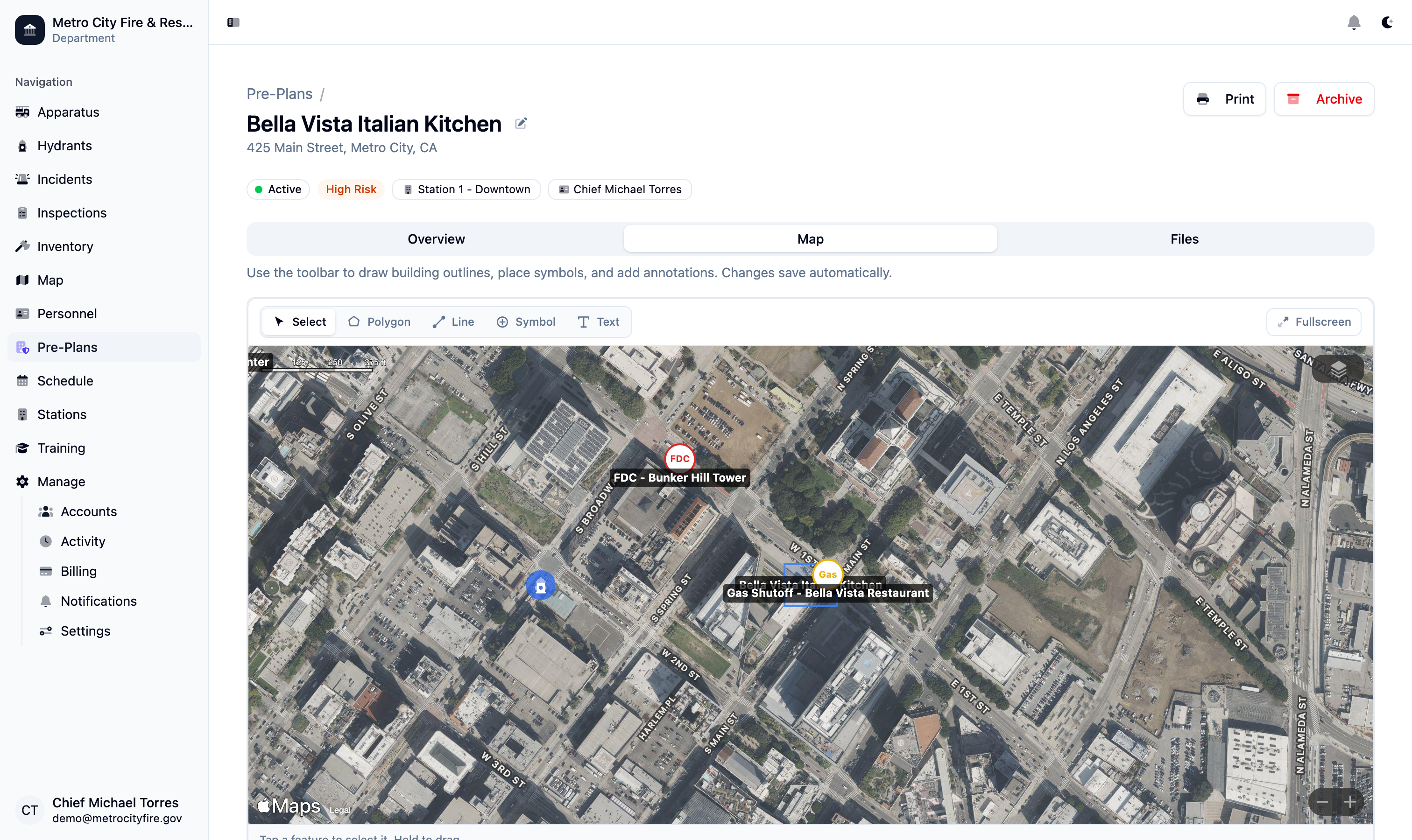 Command Established pre-plan map tab showing fire service symbols, hazard annotations, and FDC locations on a satellite view