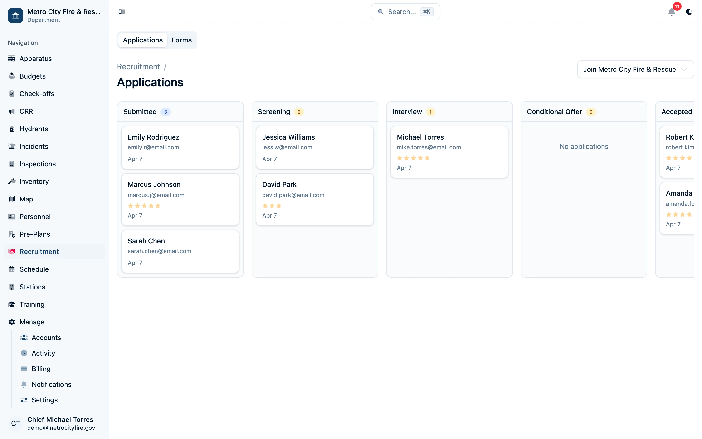Command Established recruitment applications list showing candidate pipeline