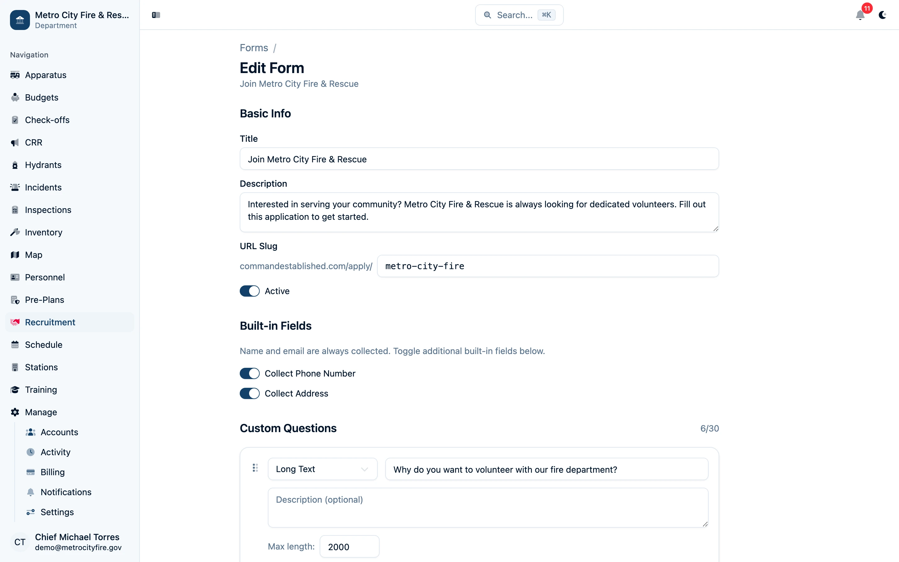 Command Established recruitment form detail showing QR code and shareable link