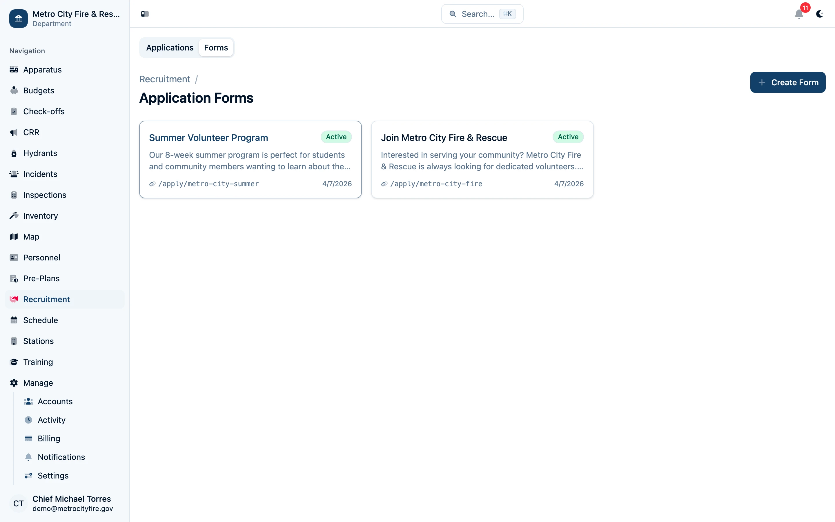 Command Established recruitment forms list showing custom application forms