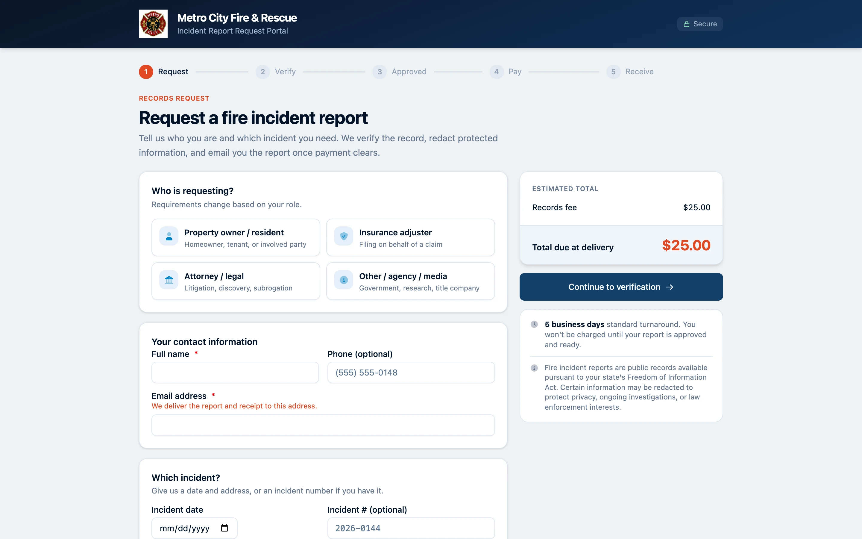 Command Established public fire report request form showing the requester-role picker, contact fields, and incident details