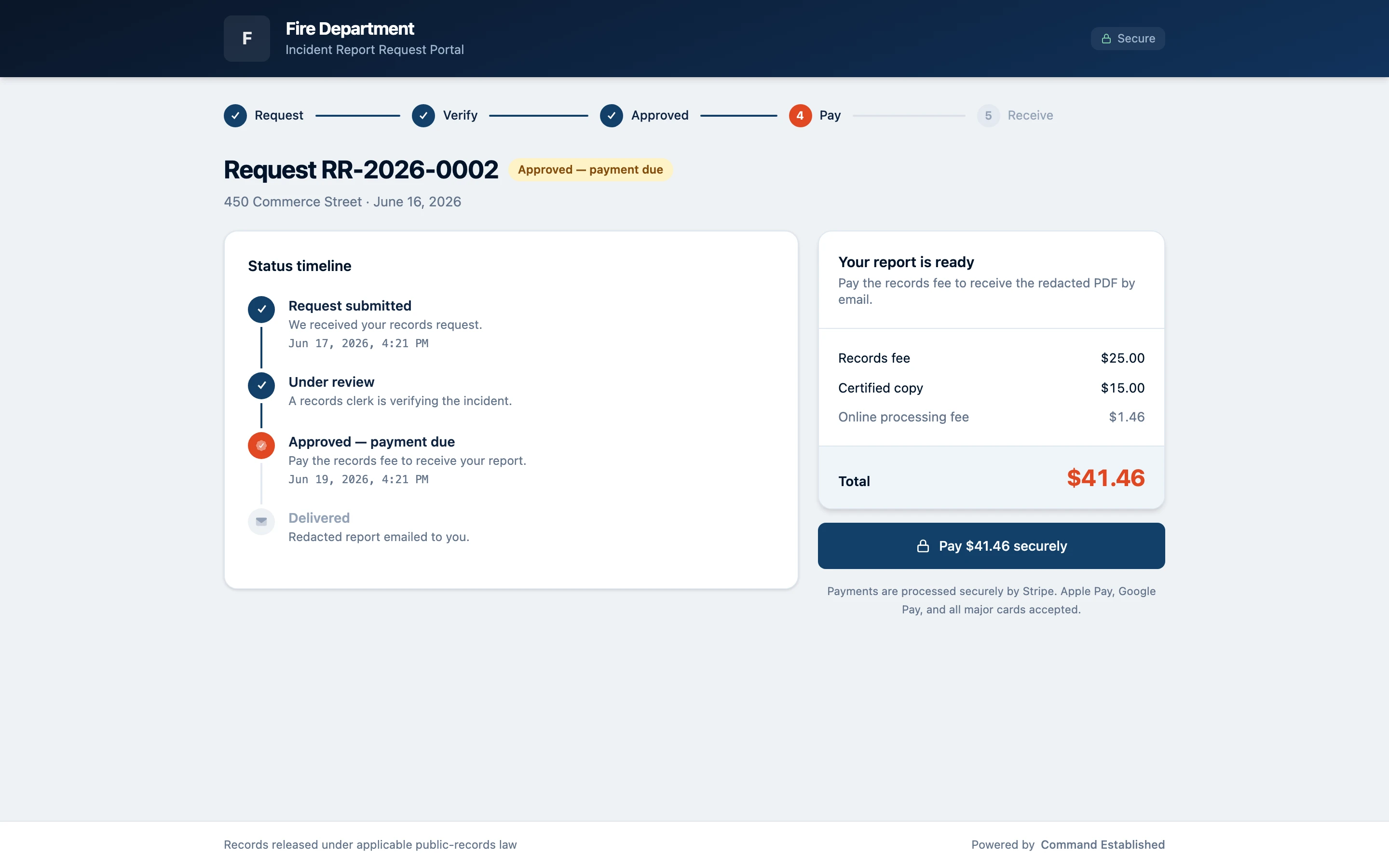 Command Established public report status page showing the progress rail, status timeline, fee summary, and a secure pay button