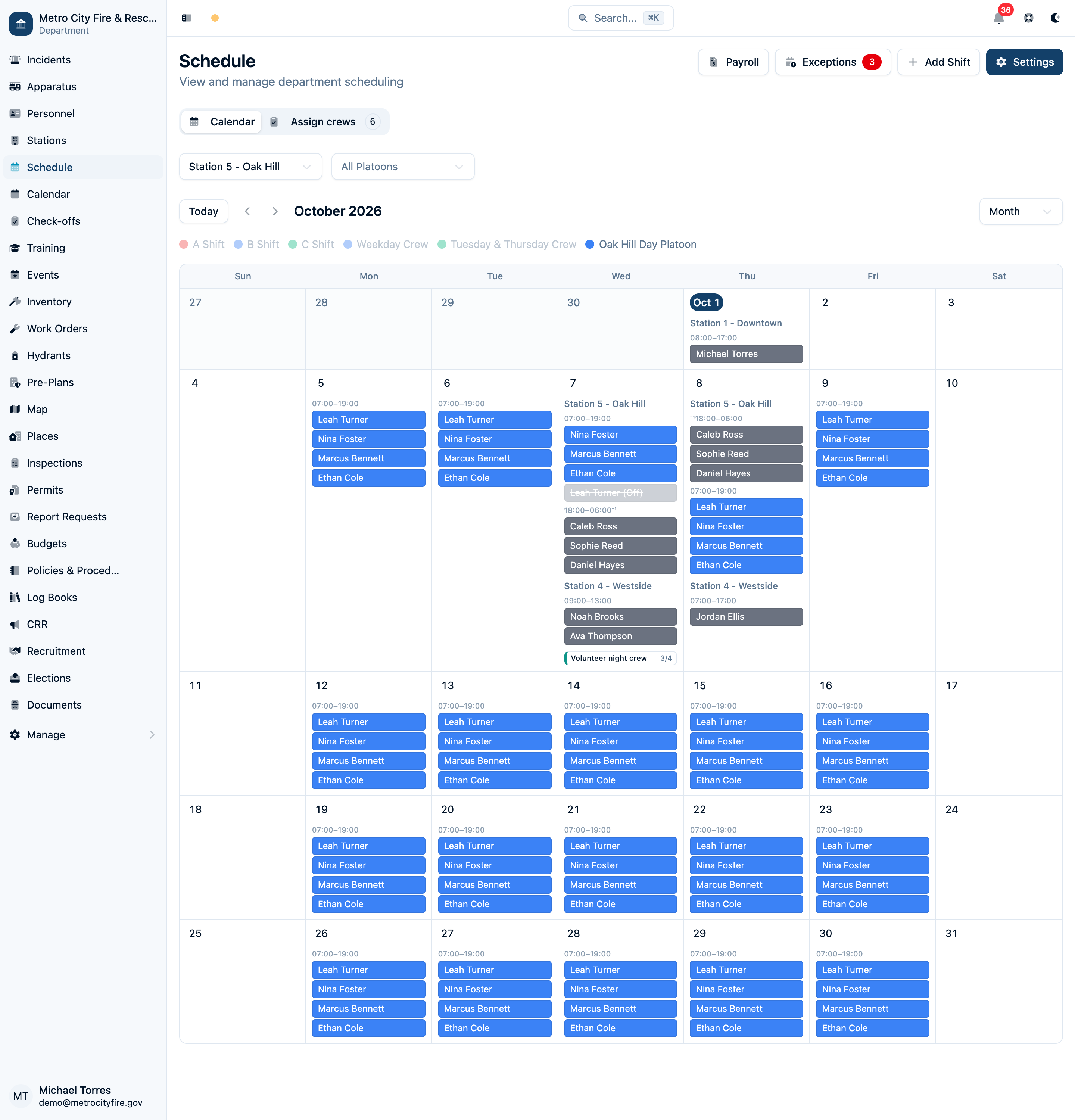 Command Established scheduling monthly calendar view showing department shift schedule