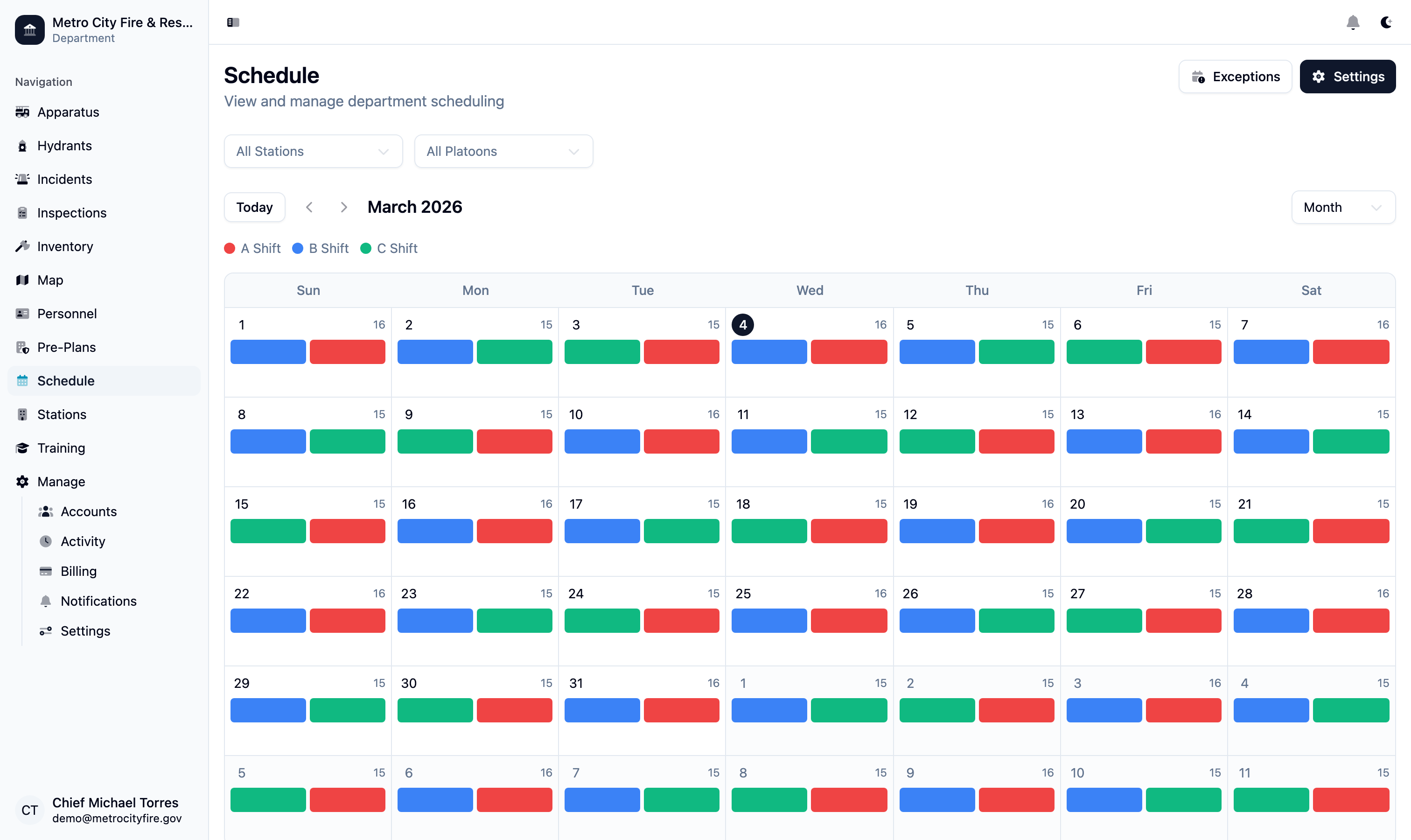Command Established scheduling monthly calendar view showing department shift schedule