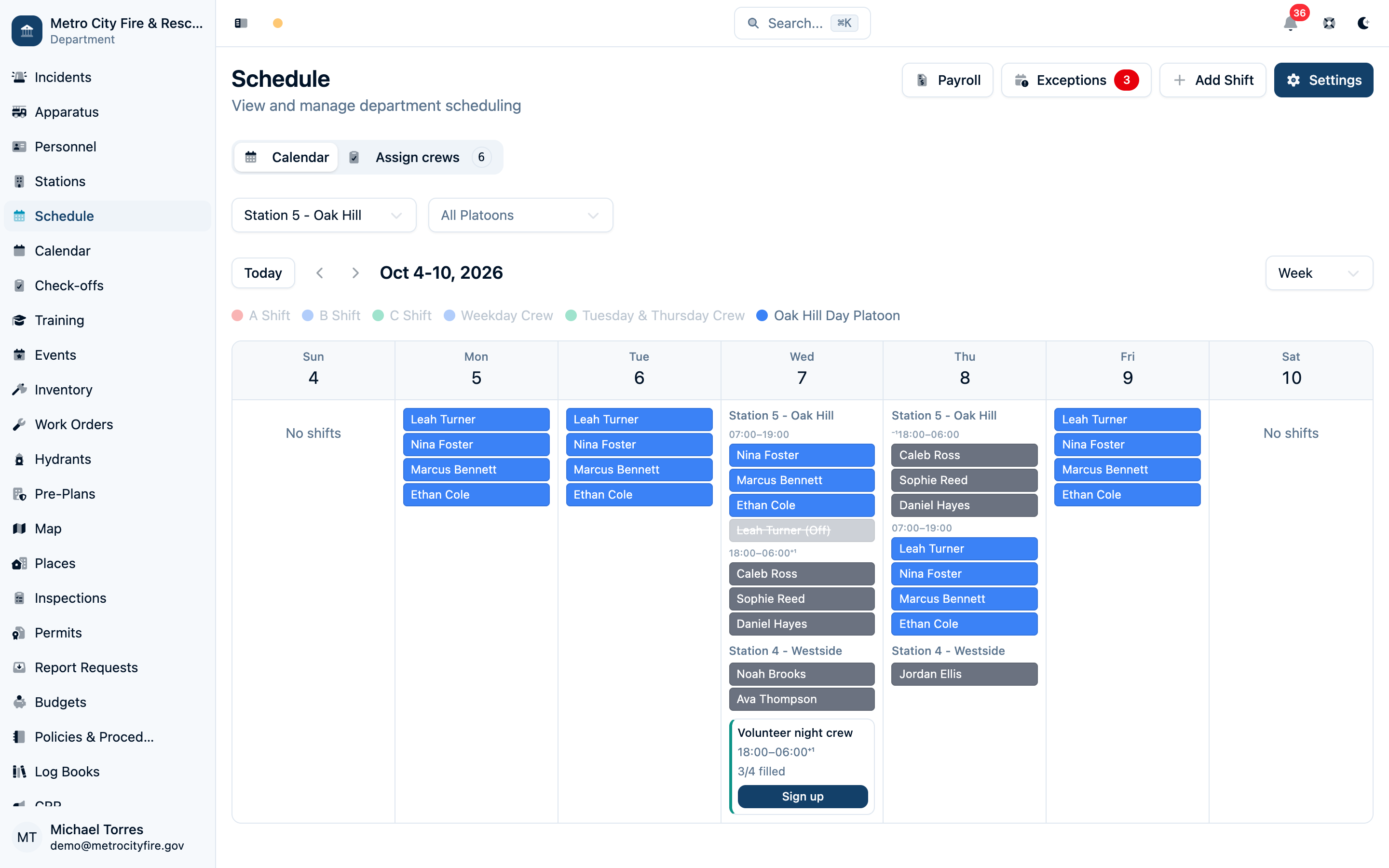 Command Established scheduling weekly view showing detailed shift assignments by day