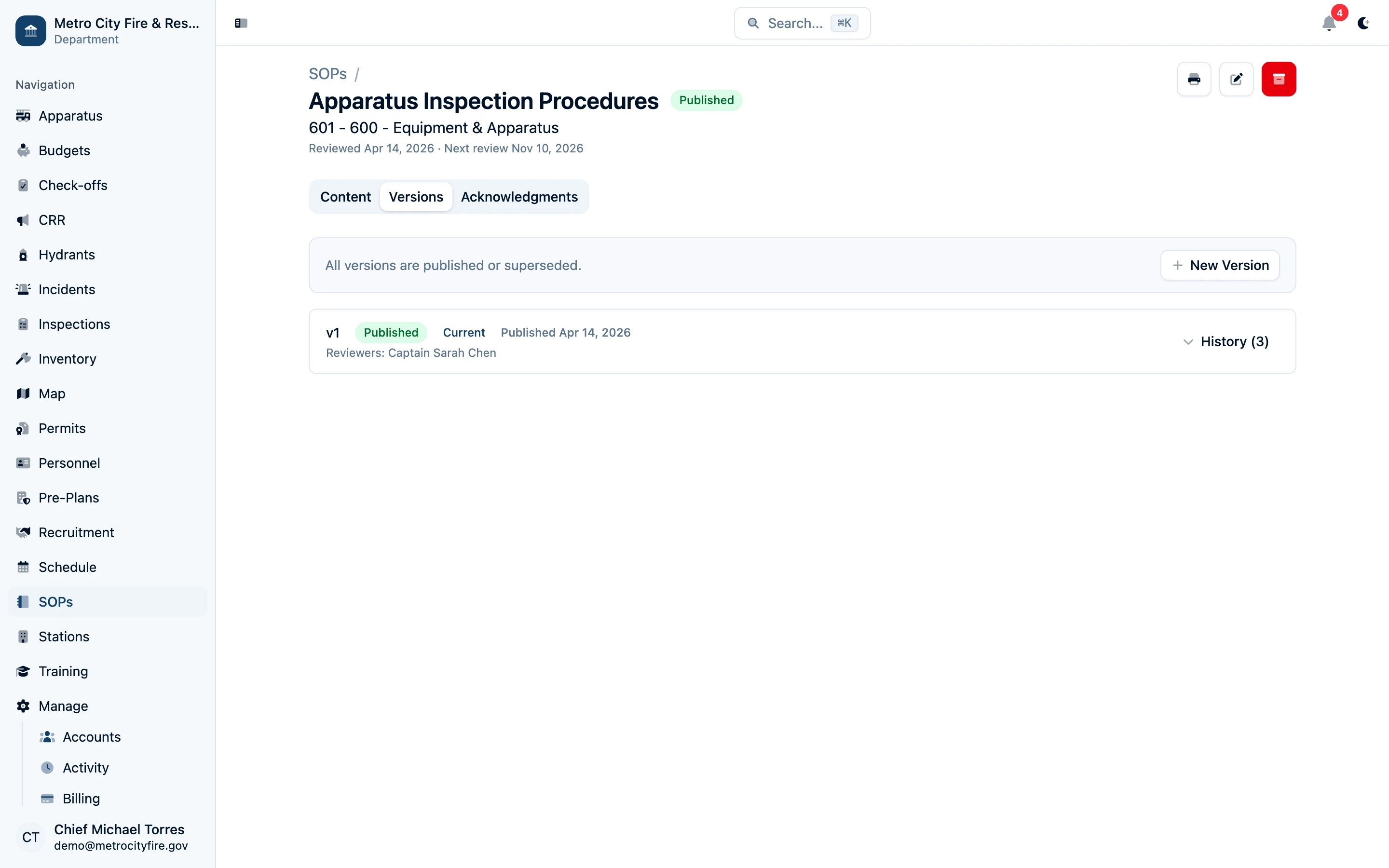 Command Established SOP version history showing draft, review, and published versions