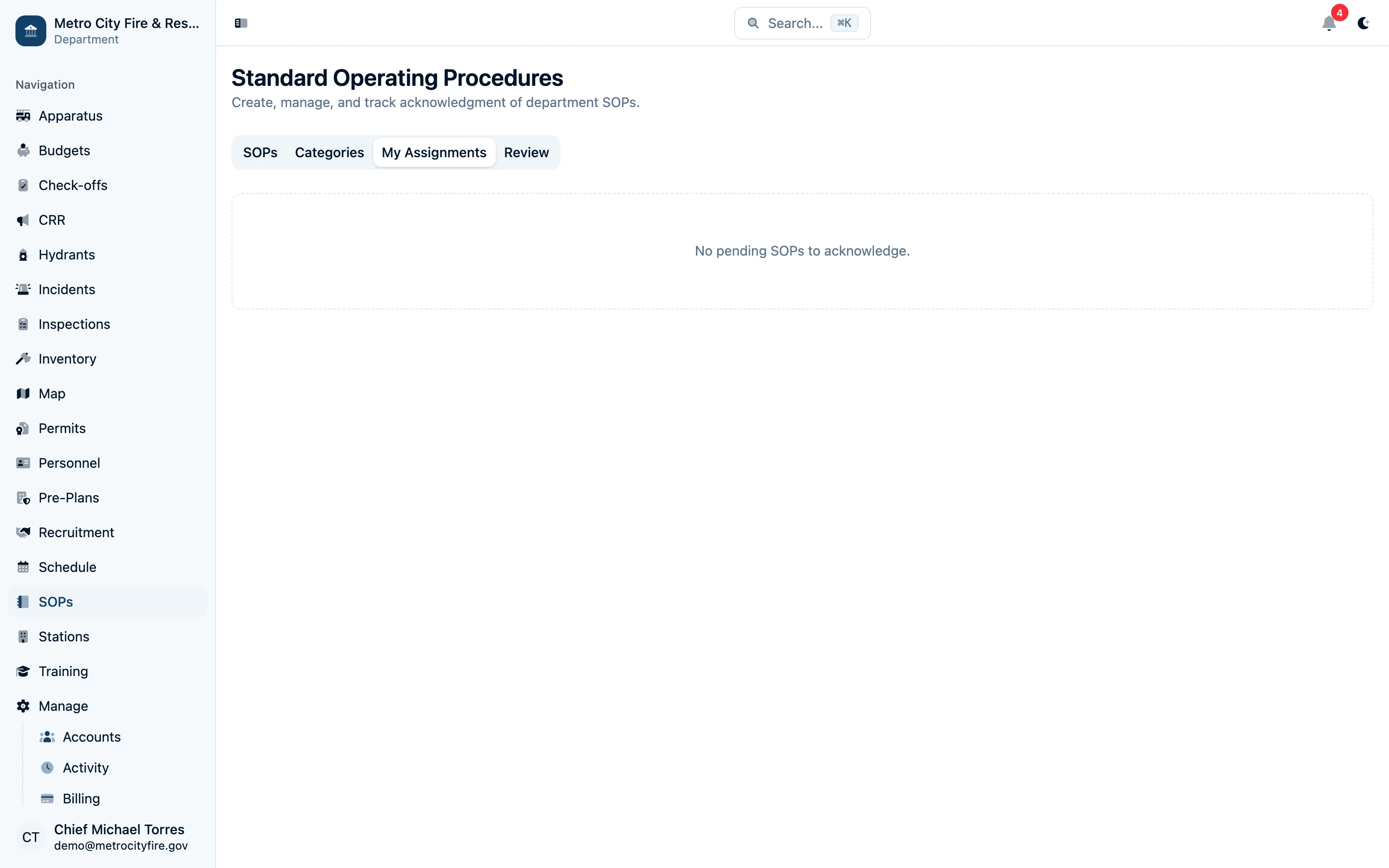 Command Established personal SOP assignment dashboard showing pending acknowledgments
