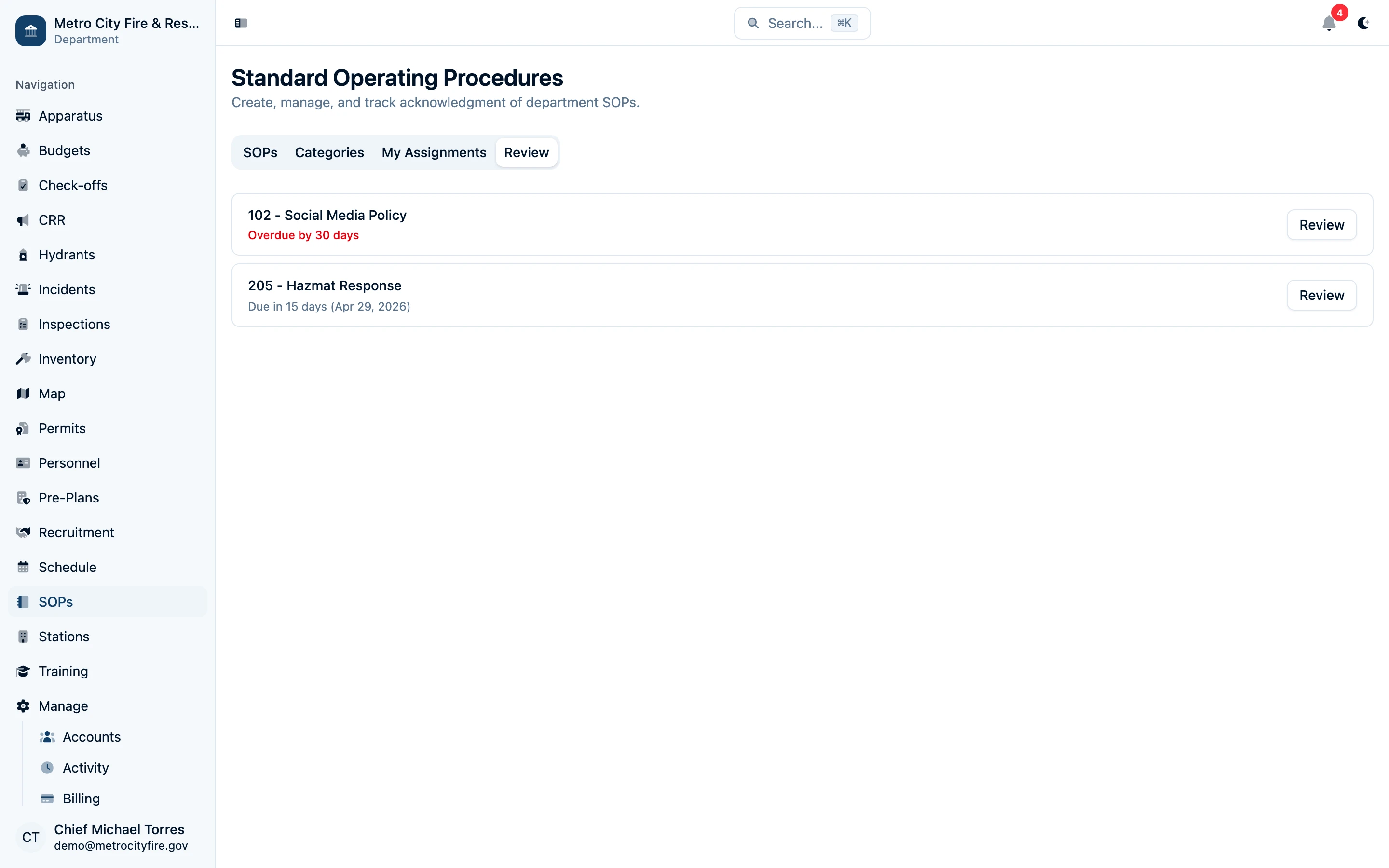 Command Established SOP review dashboard showing procedures awaiting review or approval