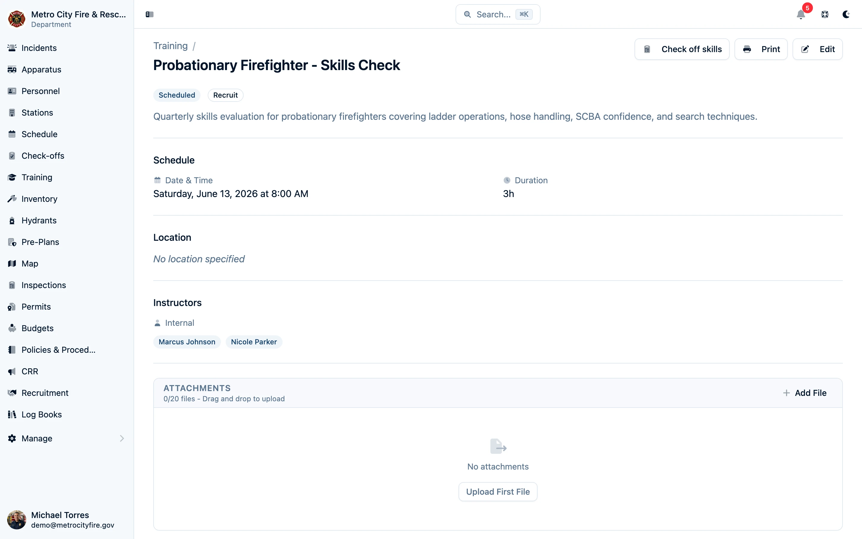 Command Established training detail page showing attendance and hours