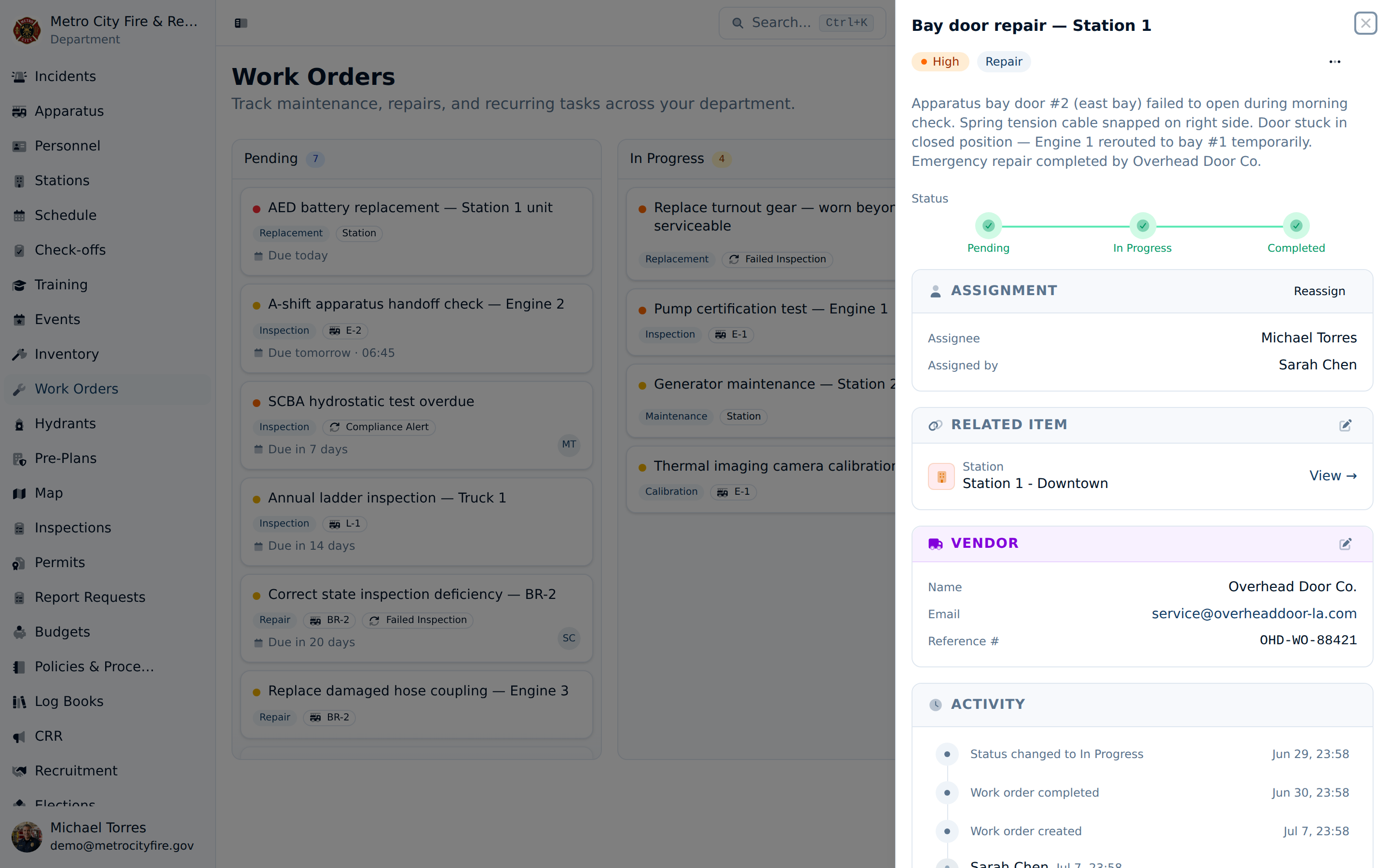 Command Established work order detail panel showing the status workflow, linked station, vendor details, cost tracking, and activity feed