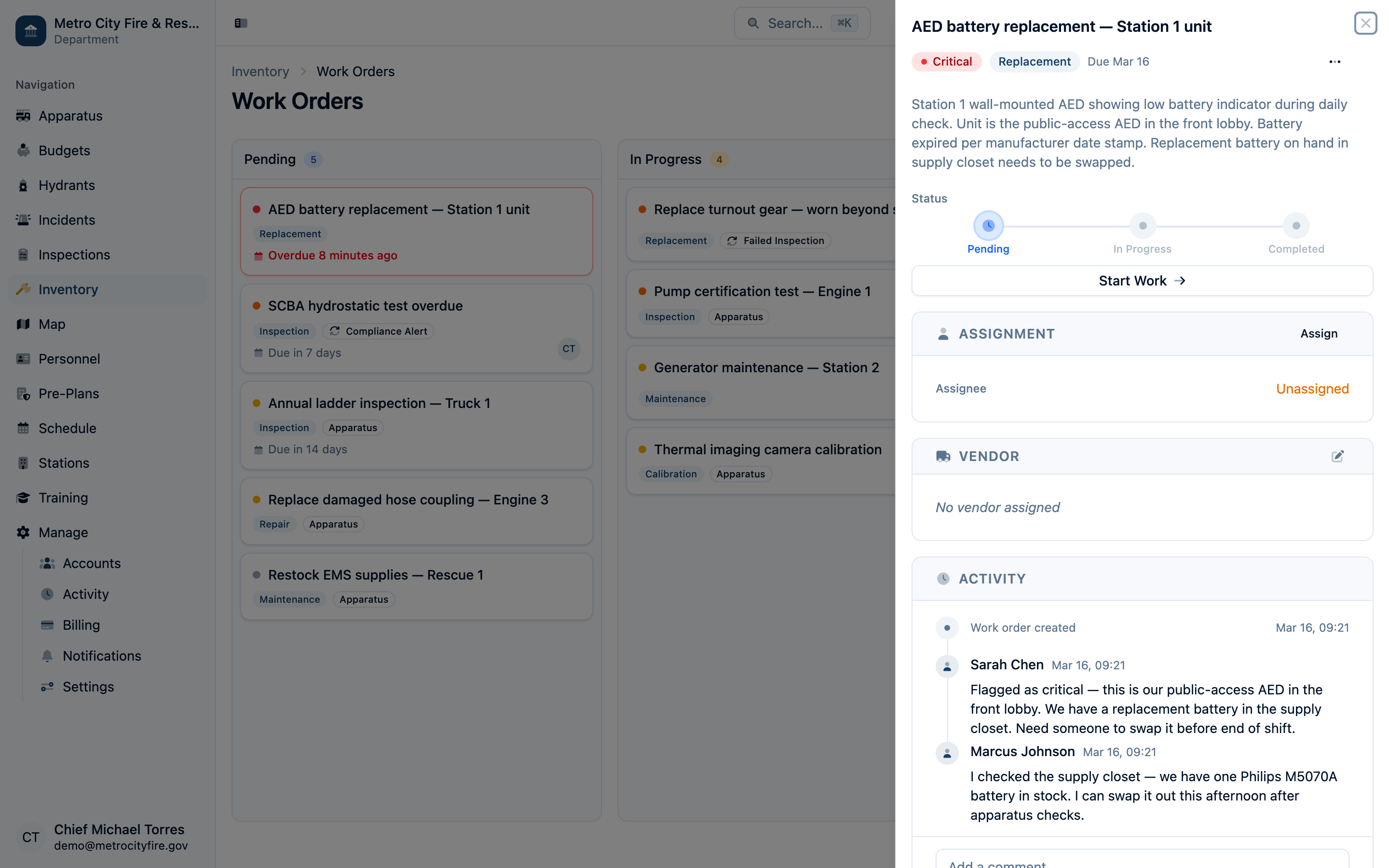 Command Established work order detail panel showing status, assignment, comments, and cost tracking