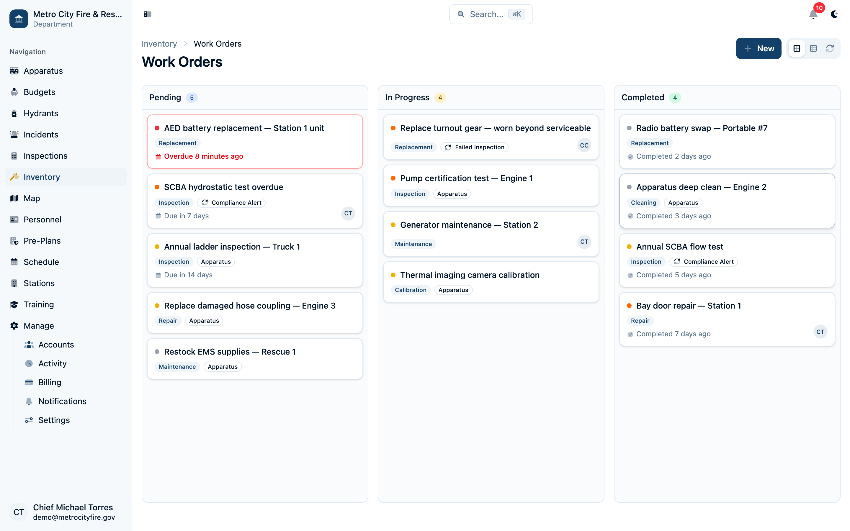 Command Established work orders kanban board showing tasks organized by status with priority badges and due dates