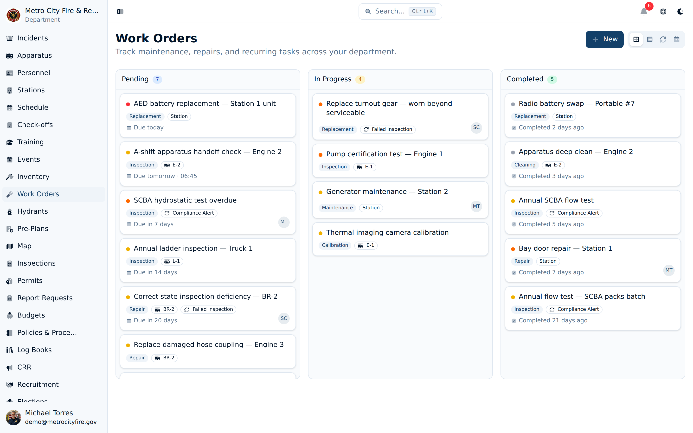 Command Established work orders kanban board showing tasks organized by status with priority badges, linked assets, and due dates