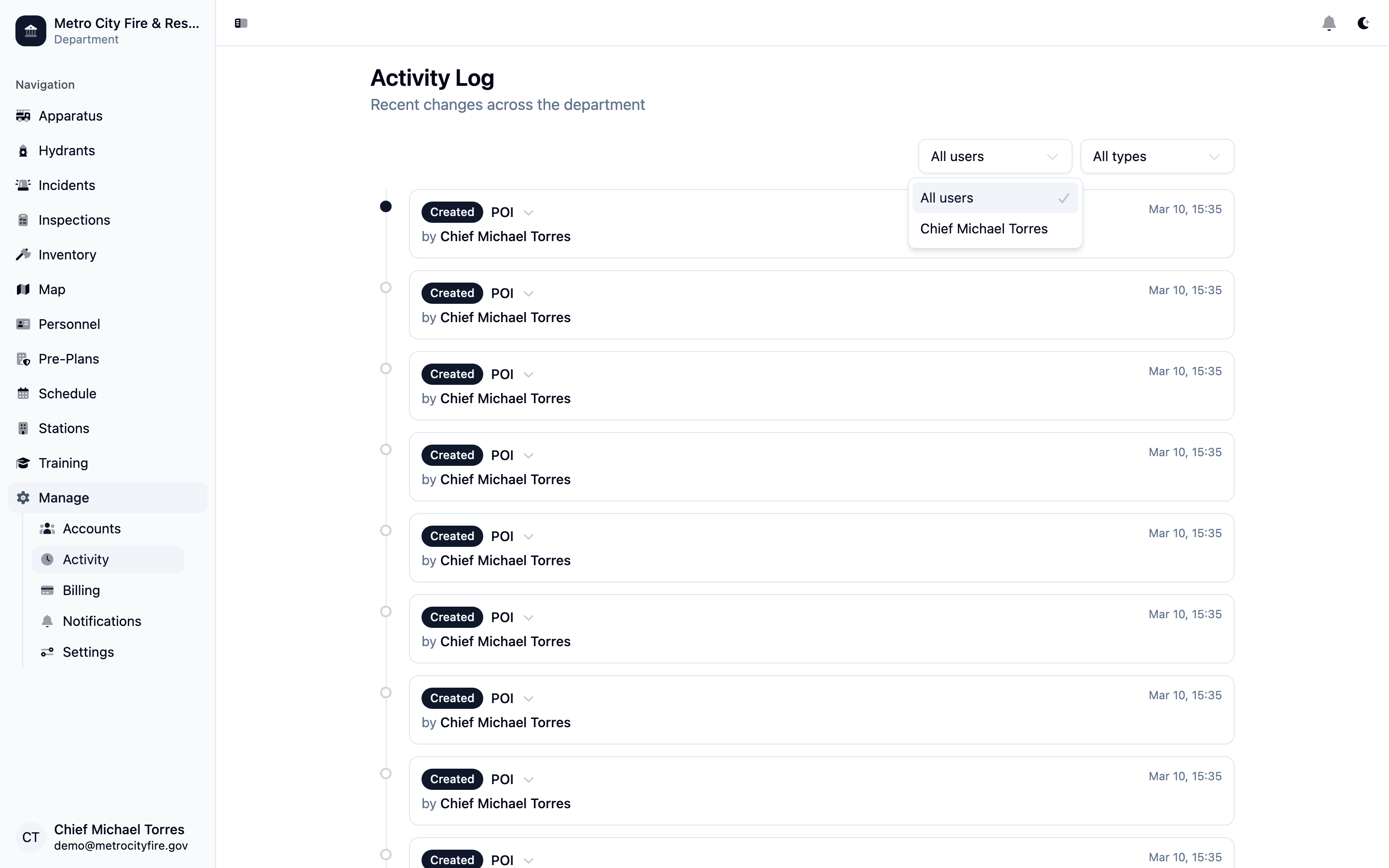 Activity Log filtered to show only Incident changes, narrowing the timeline to incident-specific edits