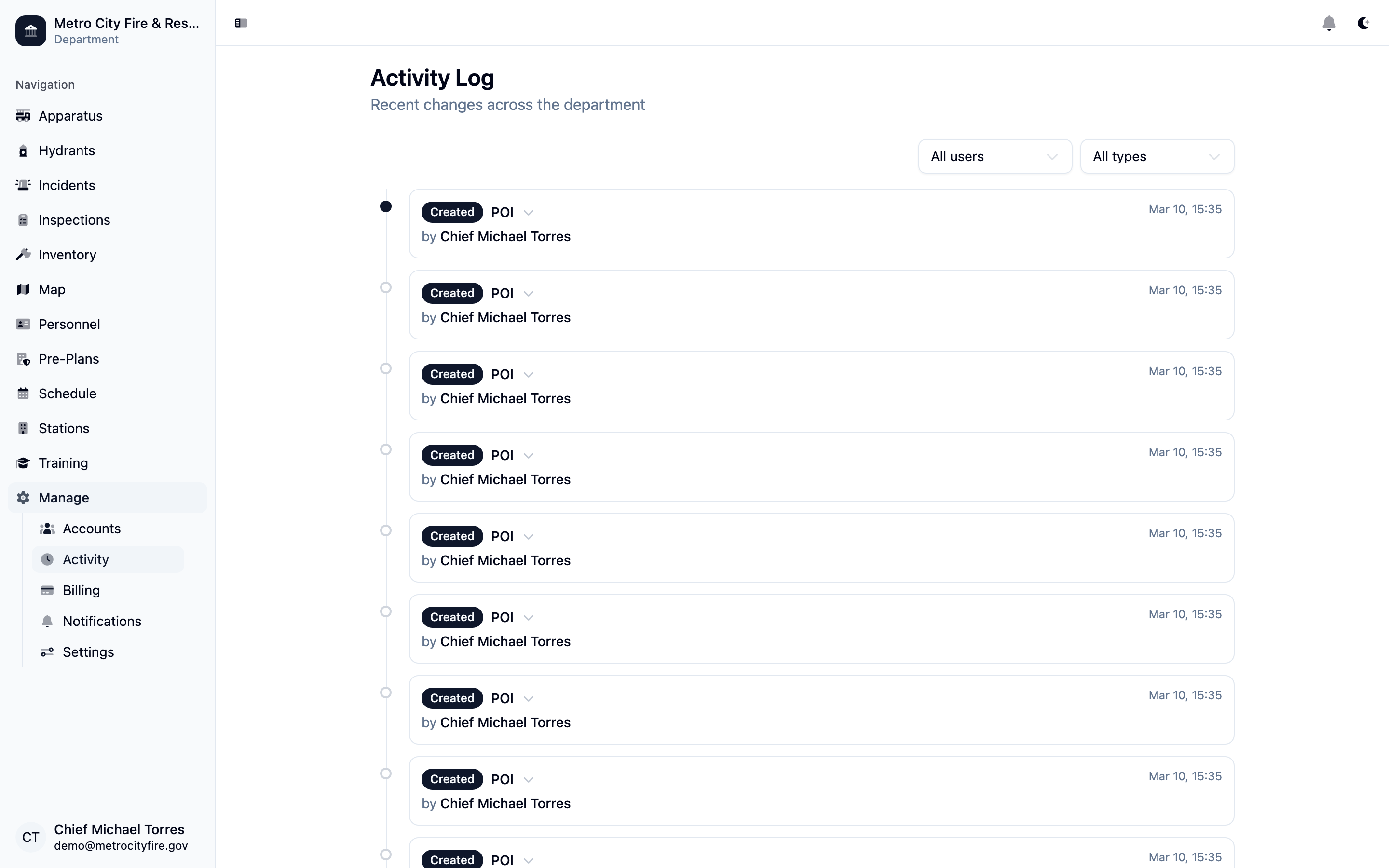 Activity Log showing a chronological timeline of changes across incidents and personnel, with who made each change and when