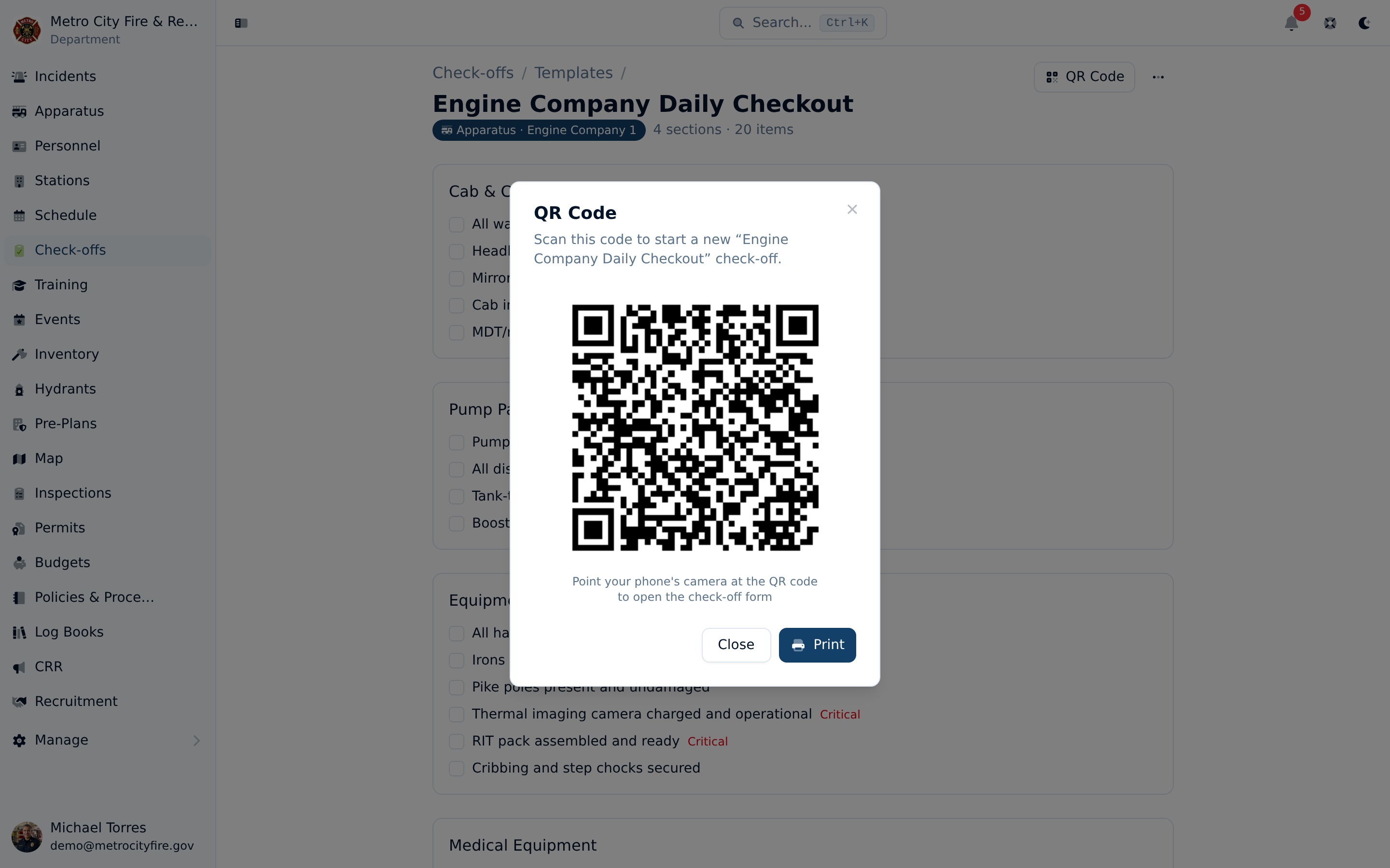 Command Established check-off template showing the QR code dialog with printable code and scanning instructions