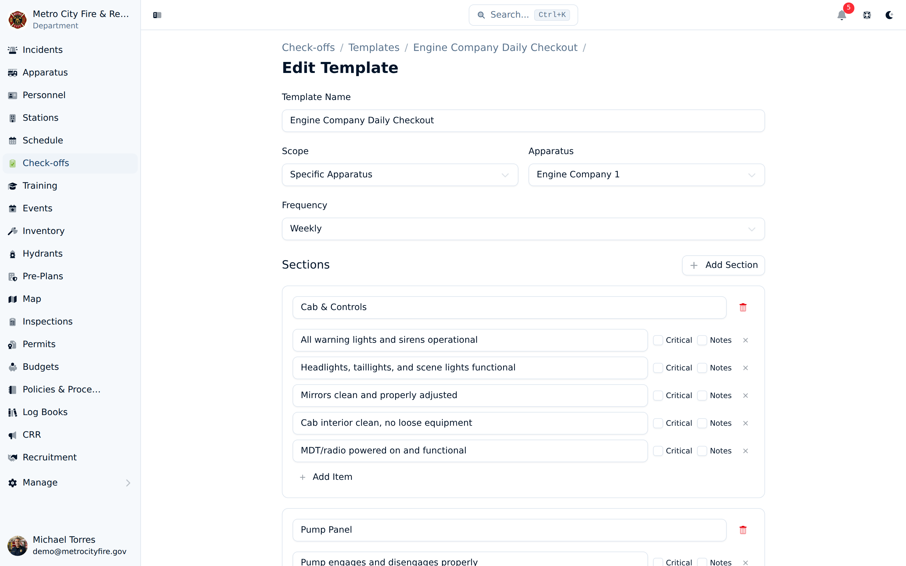Command Established check-off template editor showing sections and items with critical flags