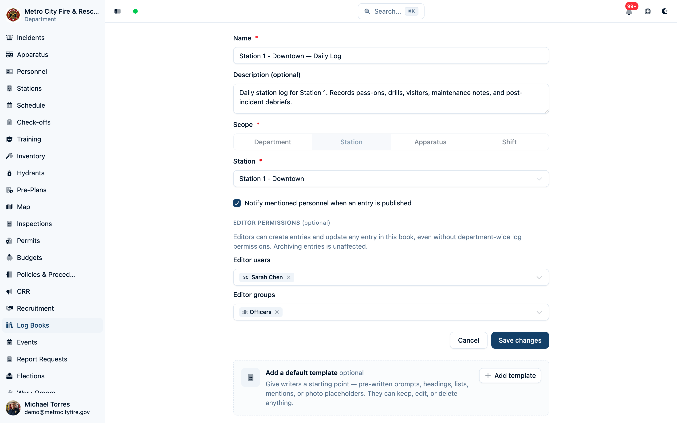 A station daily log's settings with the Editor permissions section: a member is named as an editor user and the Officers group as an editor group